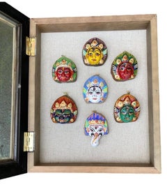 Vintage Midcentury Hand Painted Shiva Sculptures Framed in Shadow Box