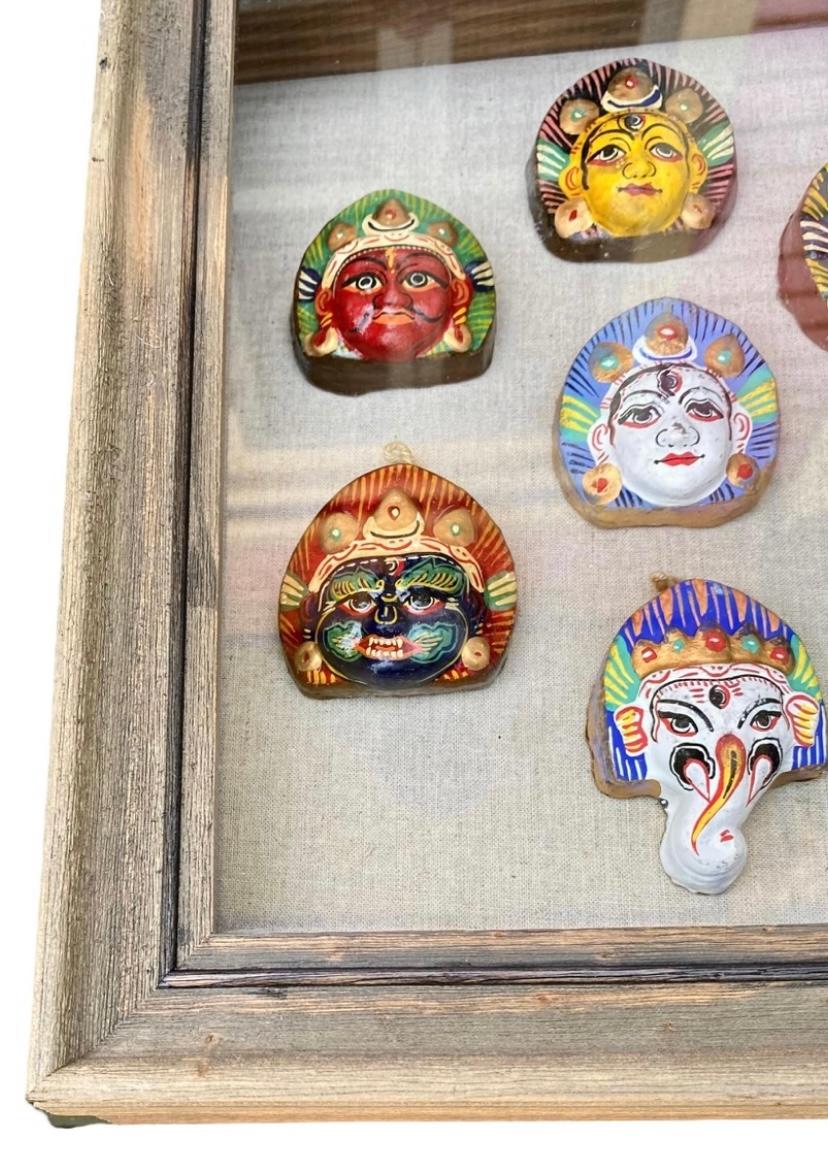 Nepalese Vintage Midcentury Hand Painted Shiva Sculptures Framed in Shadow Box