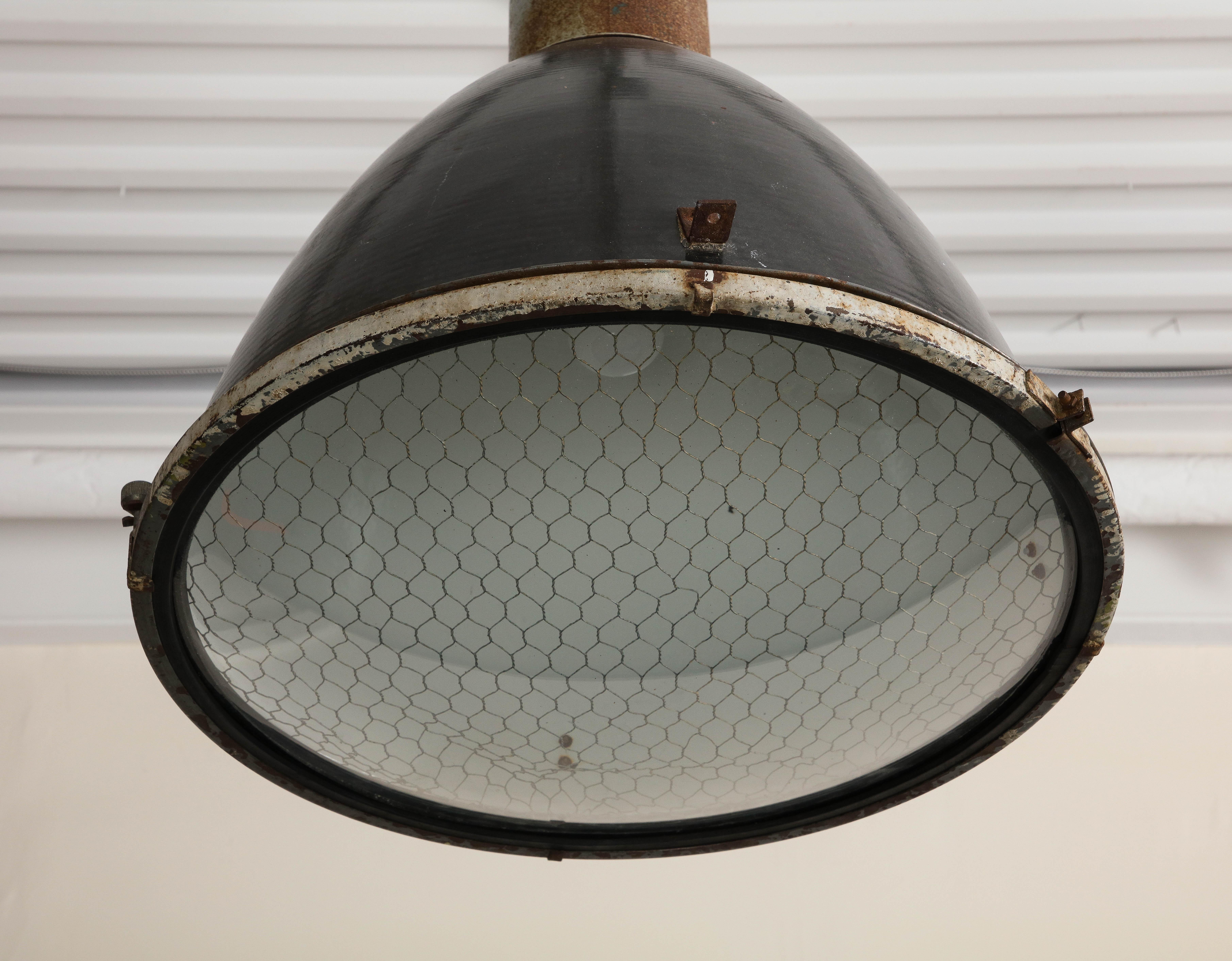 Vintage Mid-Century Industrial Cast Iron Pendant Light with Chicken Wire 2