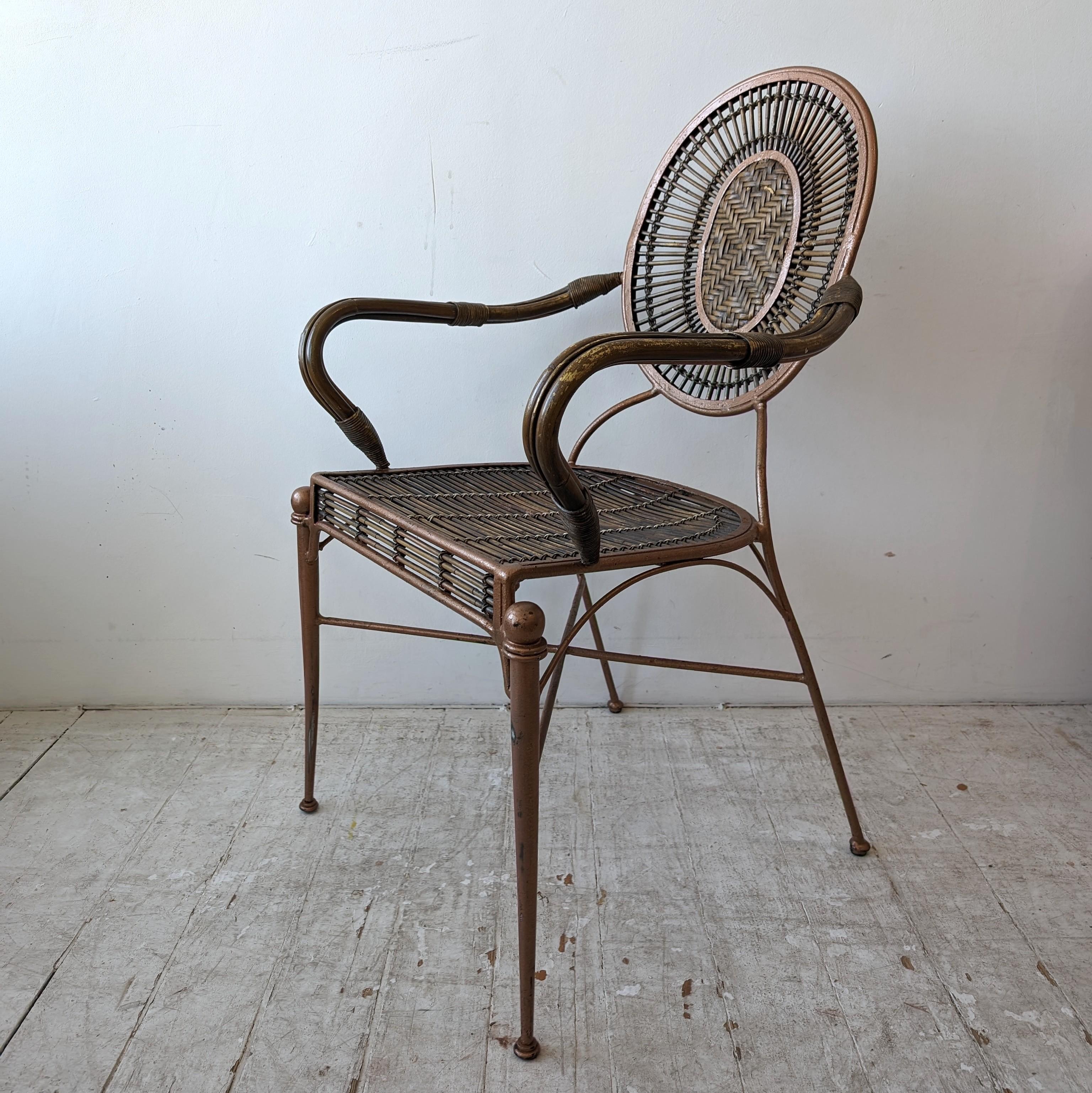 Vintage midcentury iron, cane and rattan armchairs dining chairs: 4 available 6