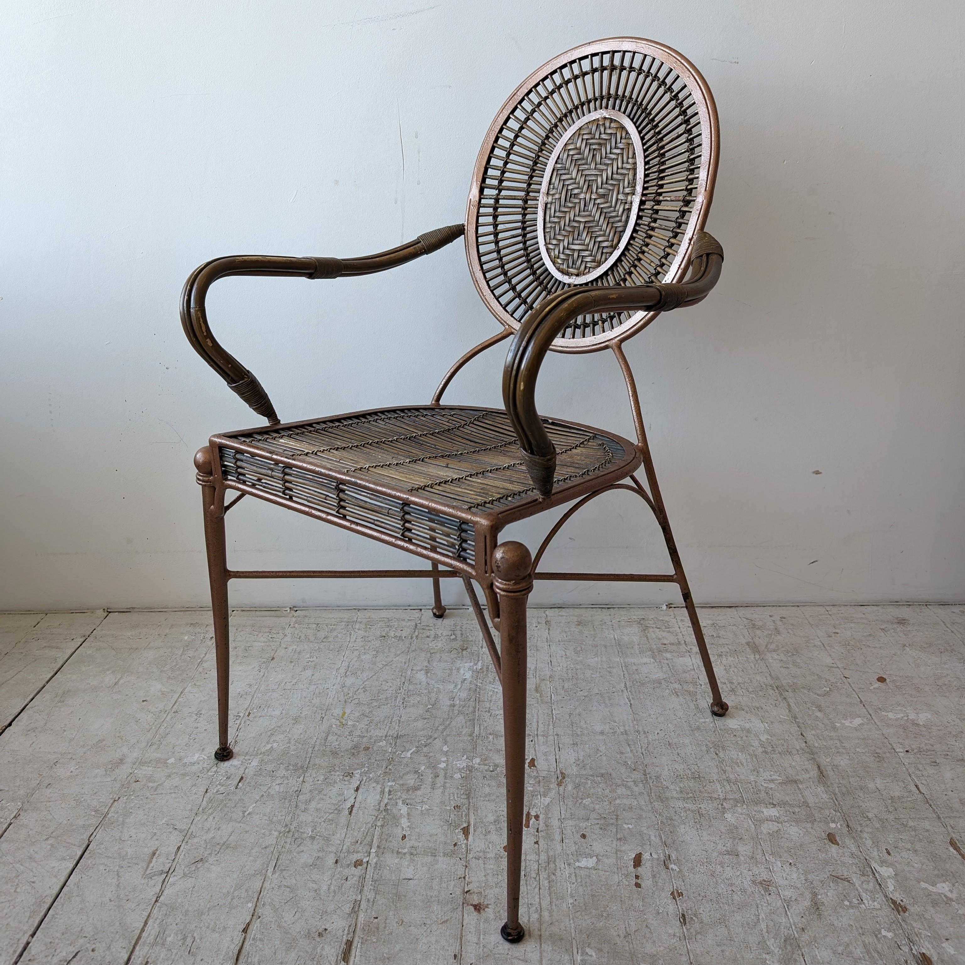 Vintage midcentury iron, cane and rattan armchairs dining chairs: 4 available 11