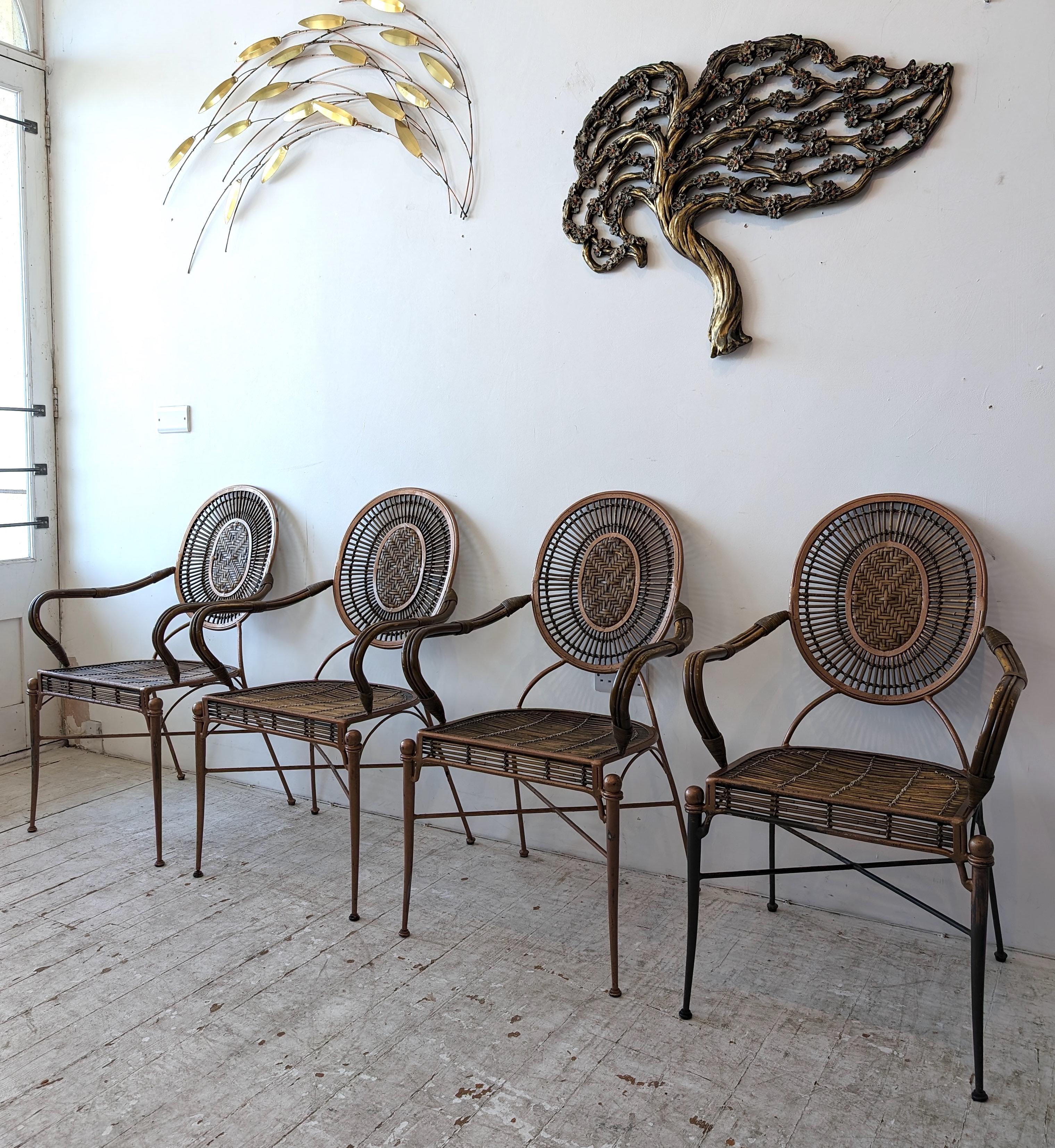 Bohemian Vintage midcentury iron, cane and rattan armchairs dining chairs: 4 available