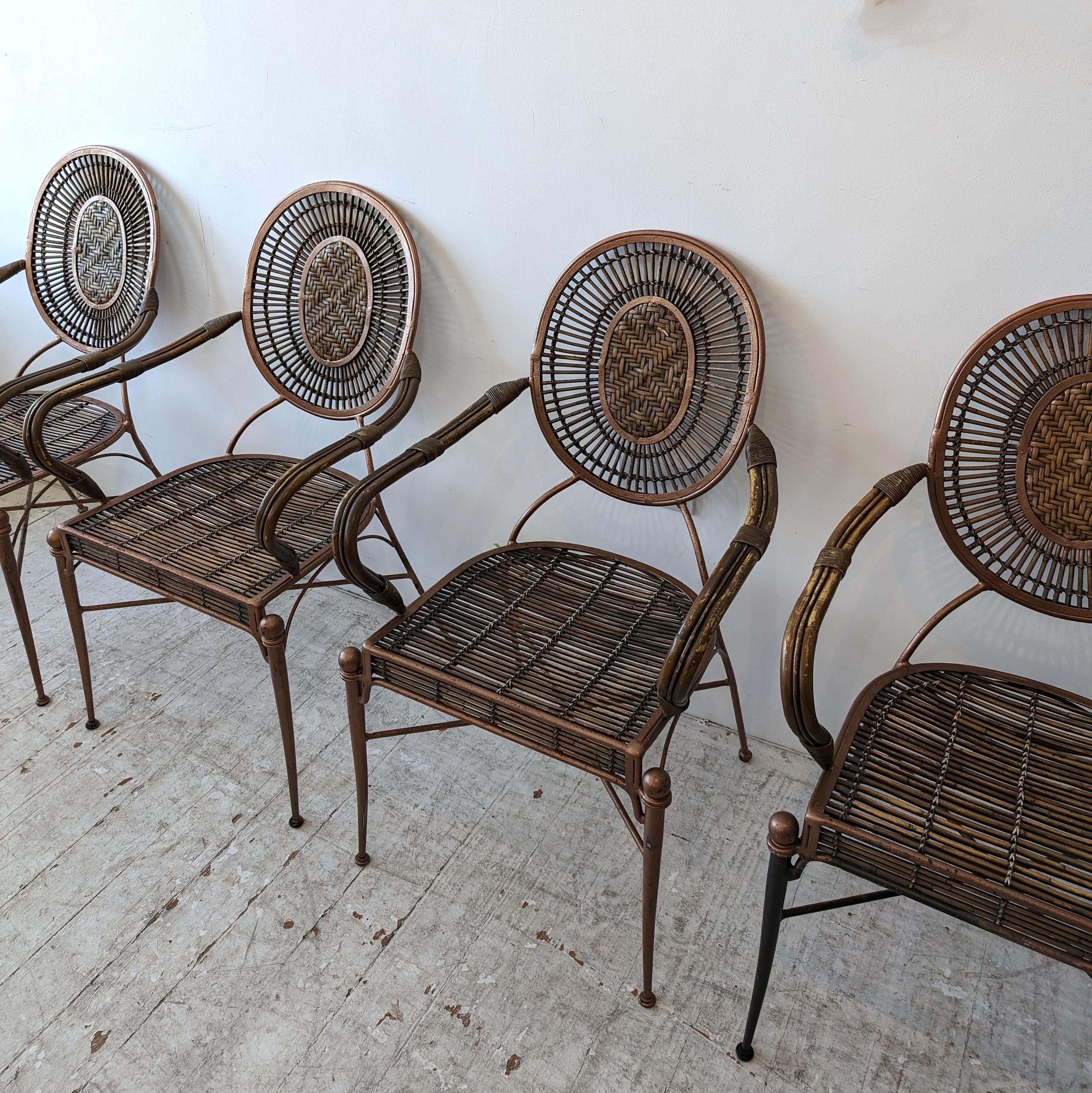 American Vintage midcentury iron, cane and rattan armchairs dining chairs: 4 available