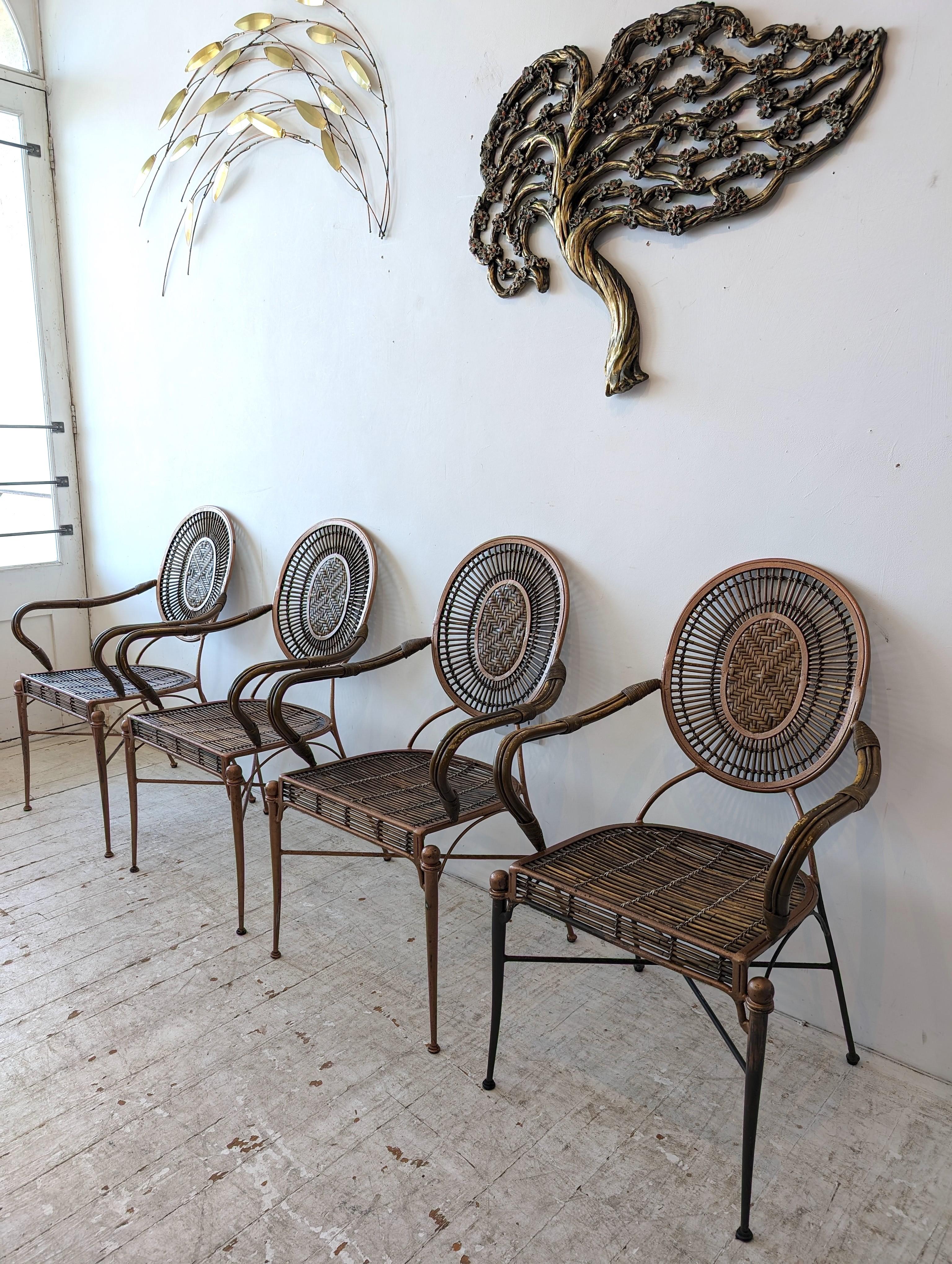 Vintage midcentury iron, cane and rattan armchairs dining chairs: 4 available In Good Condition In Hastings, GB