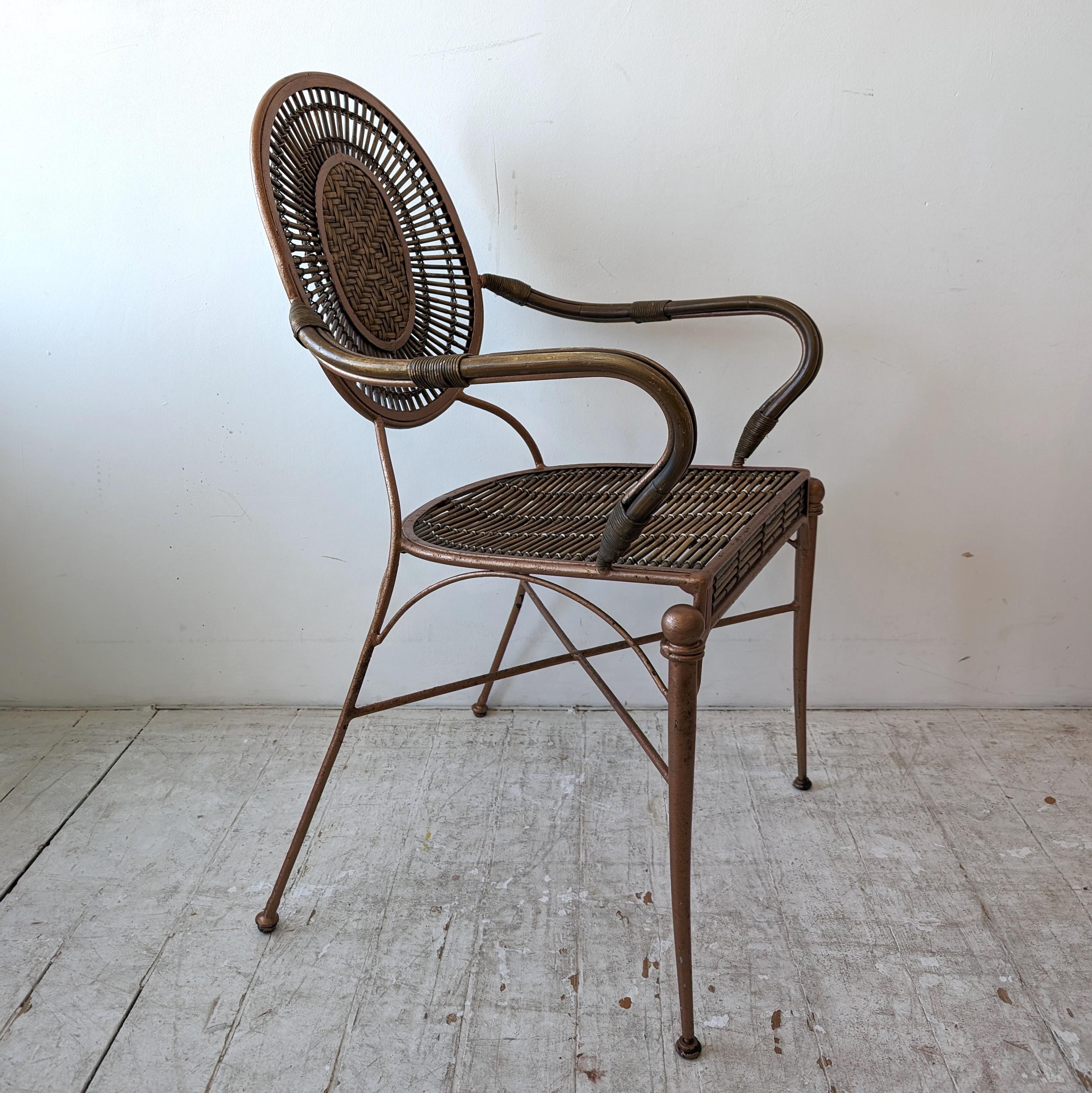 20th Century Vintage midcentury iron, cane and rattan armchairs dining chairs: 4 available