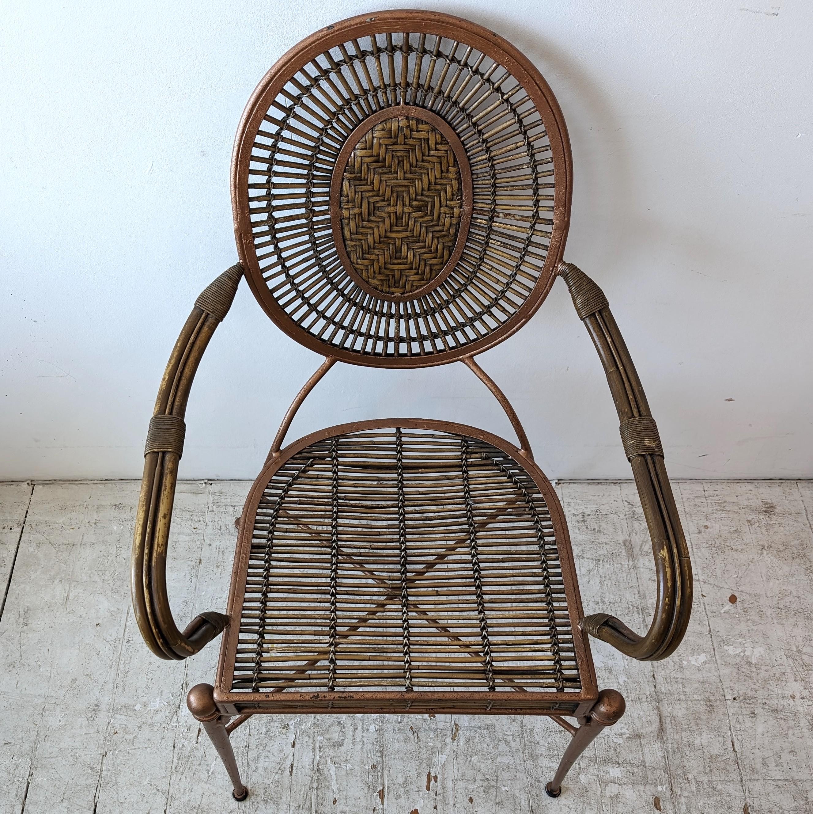 Vintage midcentury iron, cane and rattan armchairs dining chairs: 4 available 2