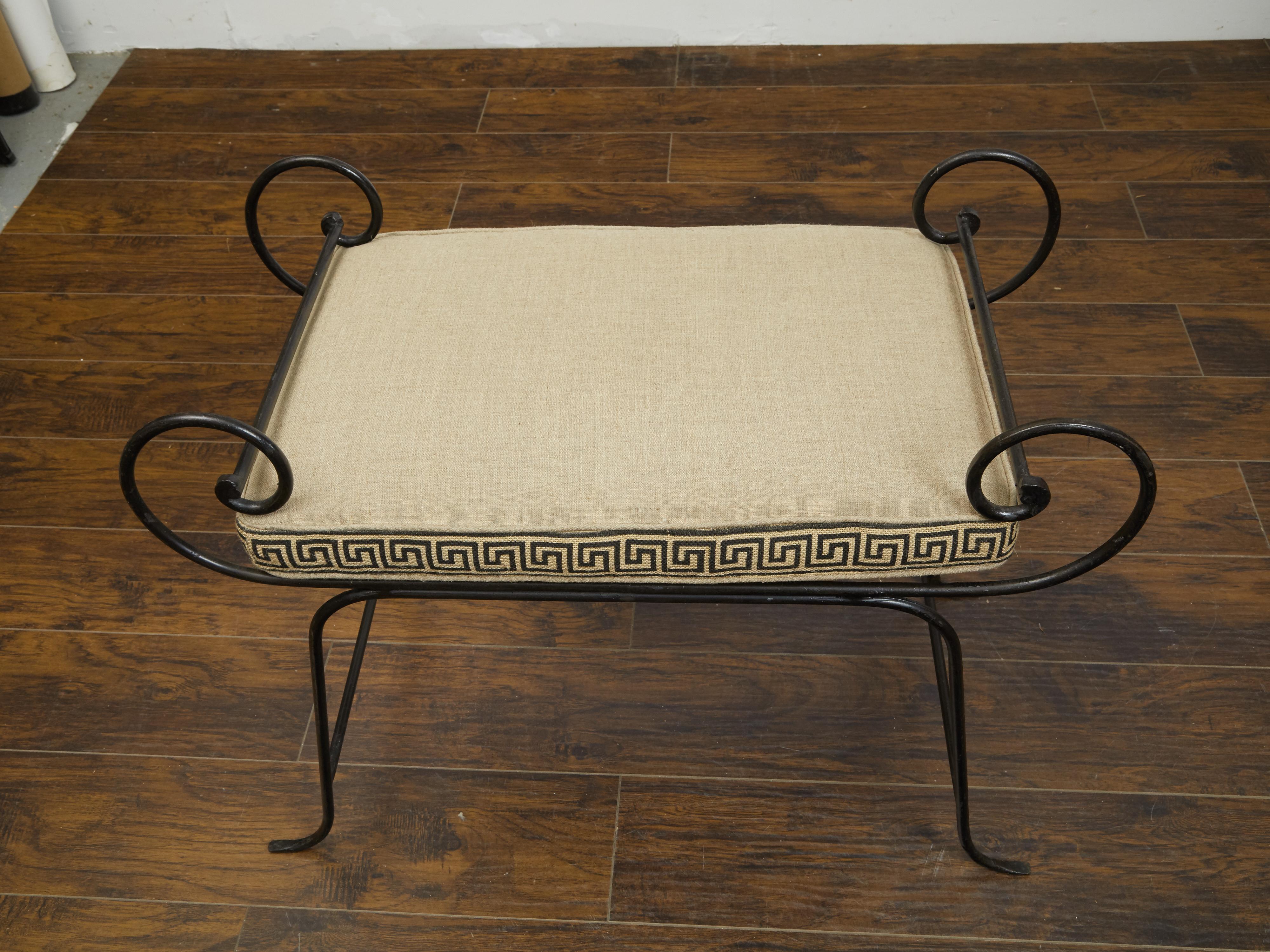 Vintage Midcentury Italian Iron Stool with Greek Key Embroidered Cushion For Sale 5