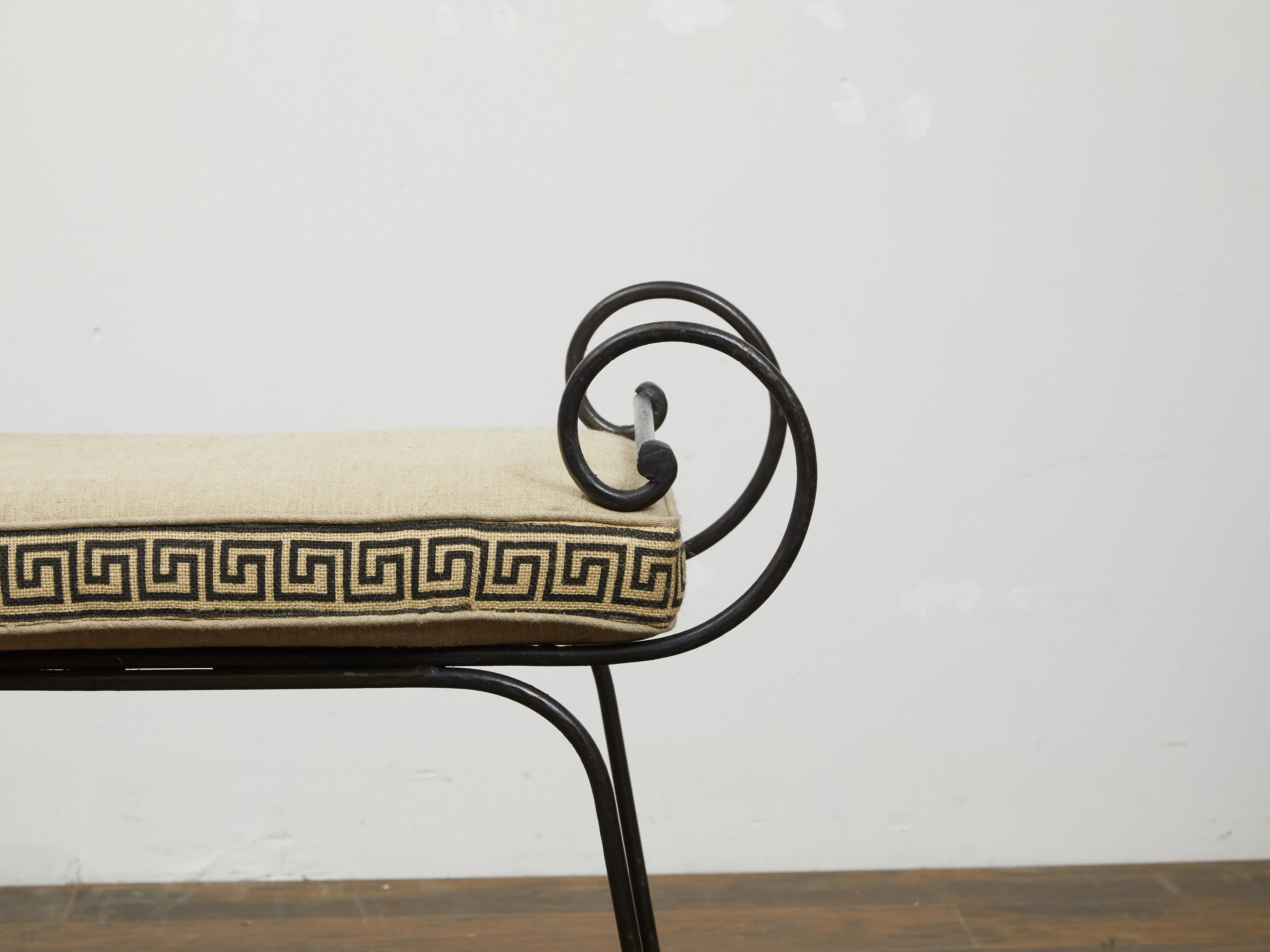20th Century Vintage Midcentury Italian Iron Stool with Greek Key Embroidered Cushion For Sale