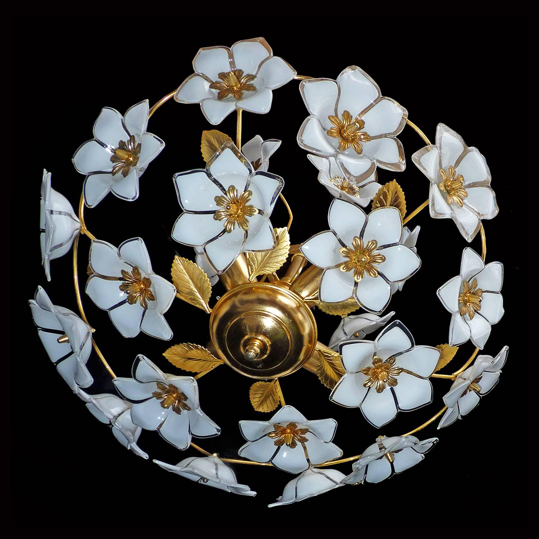 Hollywood Regency Vintage Midcentury Italian Murano Flower Bouquet Art Glass Gilt Brass Chandelier