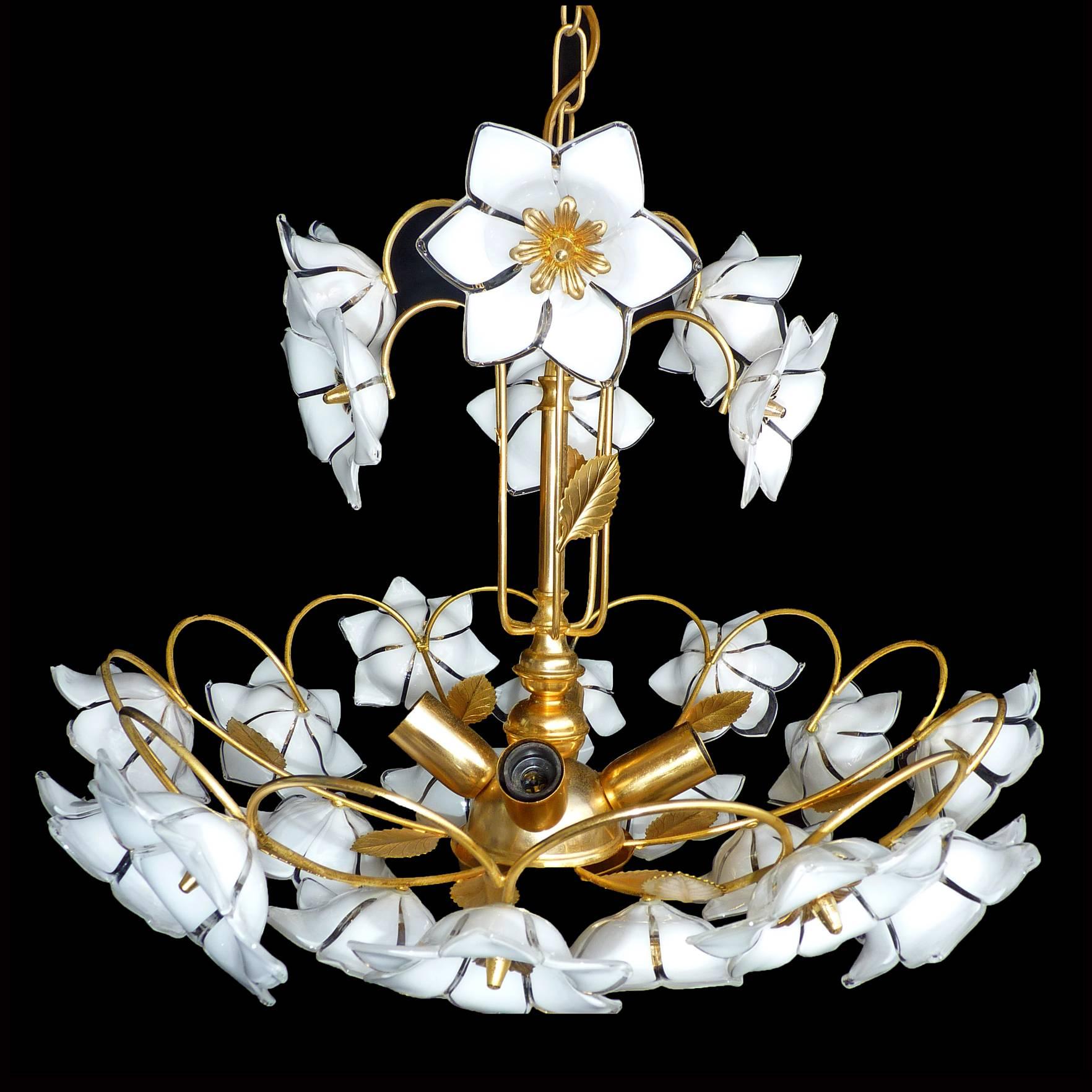 Mid-20th Century Vintage Midcentury Italian Murano Flower Bouquet Art Glass Gilt Brass Chandelier