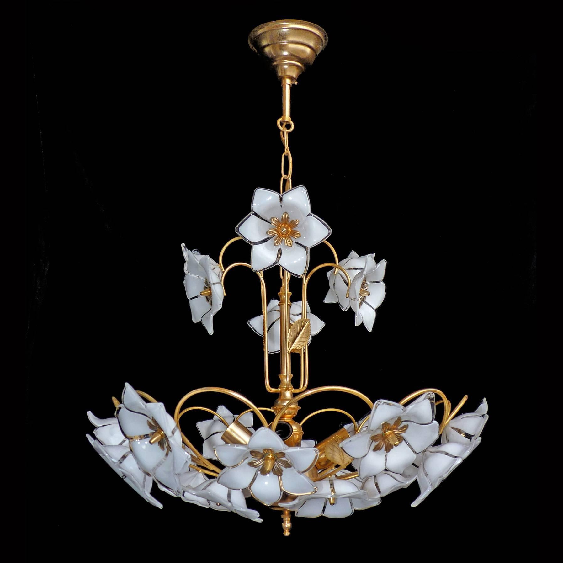 Murano Glass Vintage Midcentury Italian Murano Flower Bouquet Art Glass Gilt Brass Chandelier