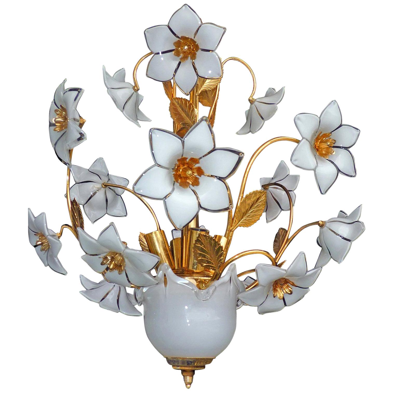 Vintage Midcentury Italian Murano Flower Bouquet Art Glass Gilt Brass Chandelier