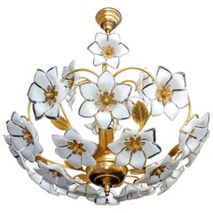 Vintage Midcentury Italian Murano Flower Bouquet Art Glass Gilt Brass Chandelier