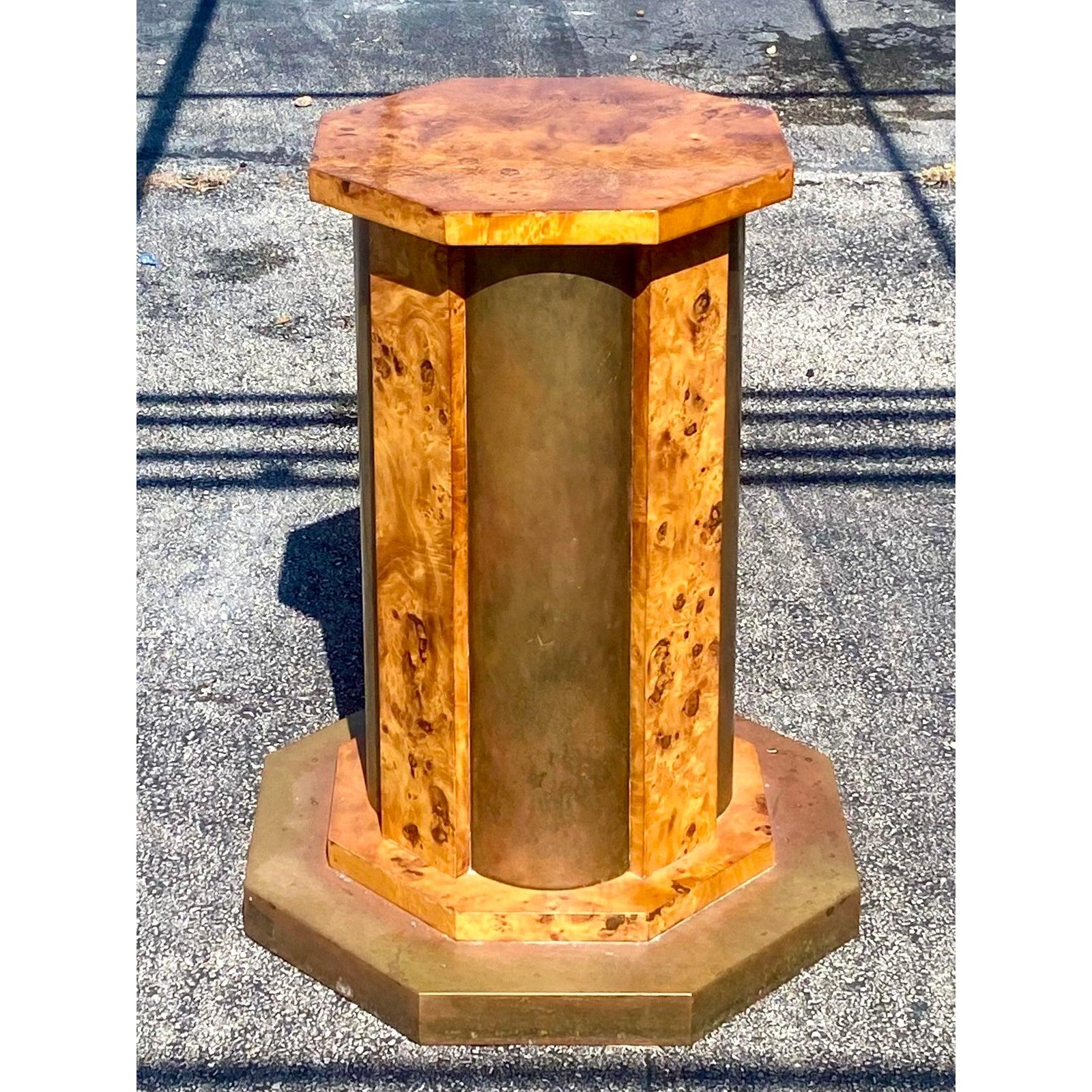 Incredible vintage Tomasso Barbi octagonal table pedestal. Made in Italy with exceptional craftsmanship. Beautiful panels of Burl wood with inset brass panels. Rests on a brass plinth. Perfect for a dining table or card stale. Could even be a great