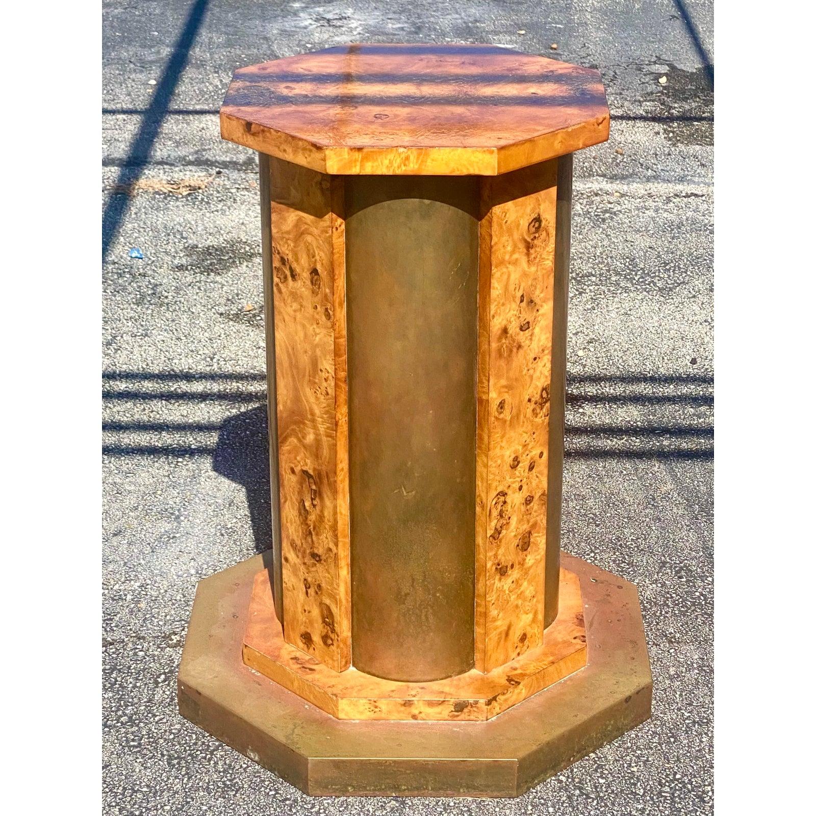 Vintage Midcentury Italian Tommaso Barbi Burl Wood and Brass Table Pedestal 1