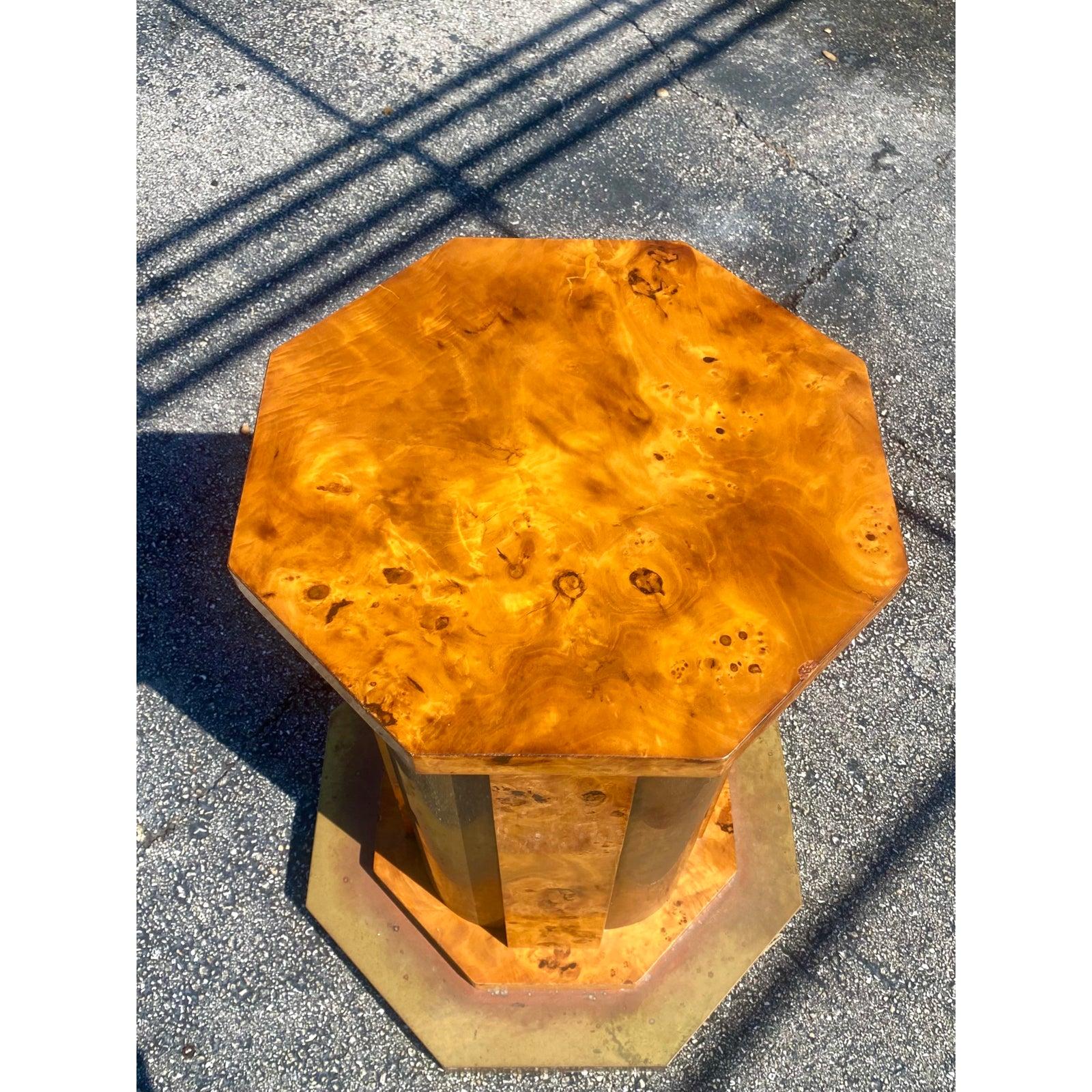 Vintage Midcentury Italian Tommaso Barbi Burl Wood and Brass Table Pedestal 2