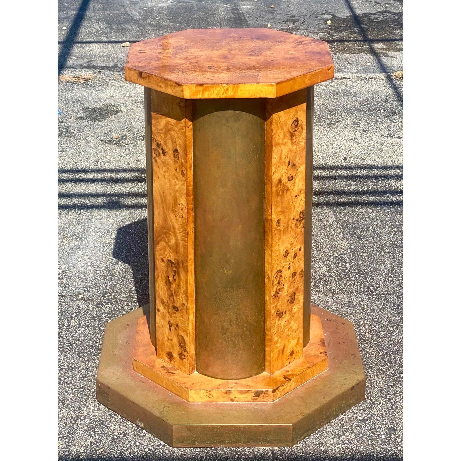 Vintage Midcentury Italian Tommaso Barbi Burl Wood and Brass Table Pedestal 3