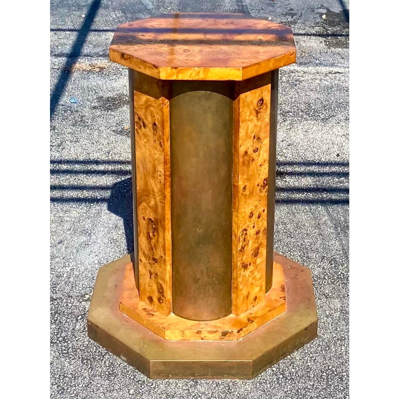 Vintage Midcentury Italian Tommaso Barbi Burl Wood and Brass Table Pedestal 4