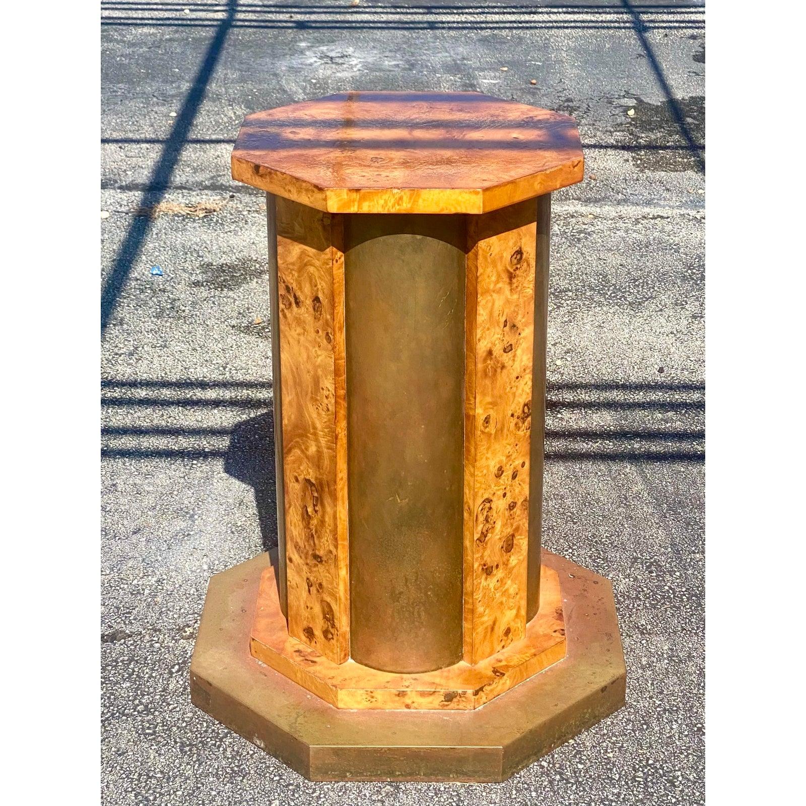 Vintage Midcentury Italian Tommaso Barbi Burl Wood and Brass Table Pedestal 5