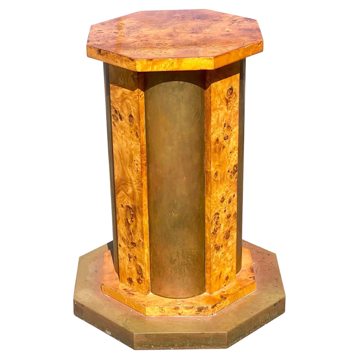 Vintage Midcentury Italian Tommaso Barbi Burl Wood and Brass Table Pedestal