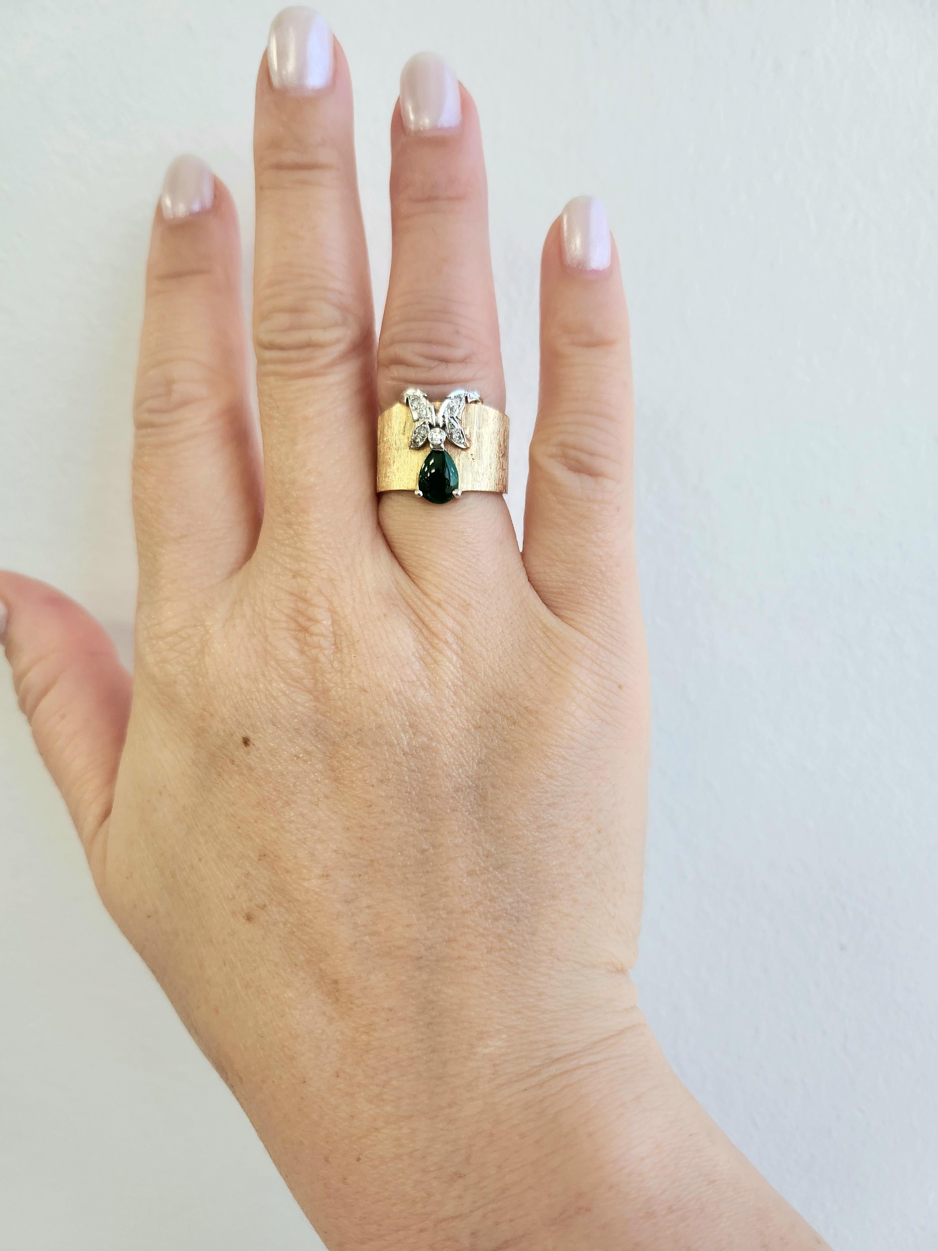 Women's Vintage Midcentury Jade and Diamond Butterfly Wide Band Ring 14K Gold For Sale