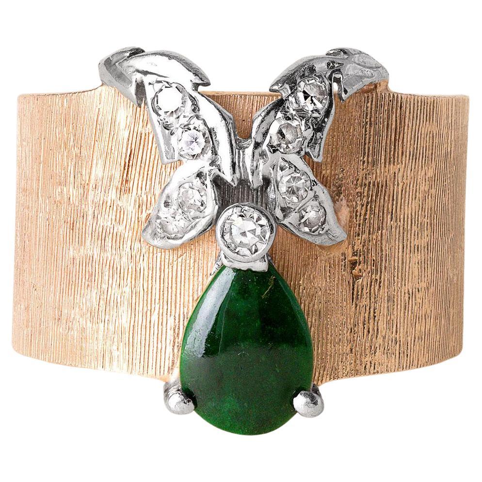 Vintage Midcentury Jade and Diamond Butterfly Wide Band Ring 14K Gold For Sale