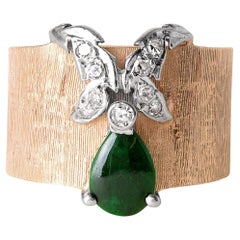 Vintage Midcentury Jade and Diamond Butterfly Wide Band Ring 14K Gold