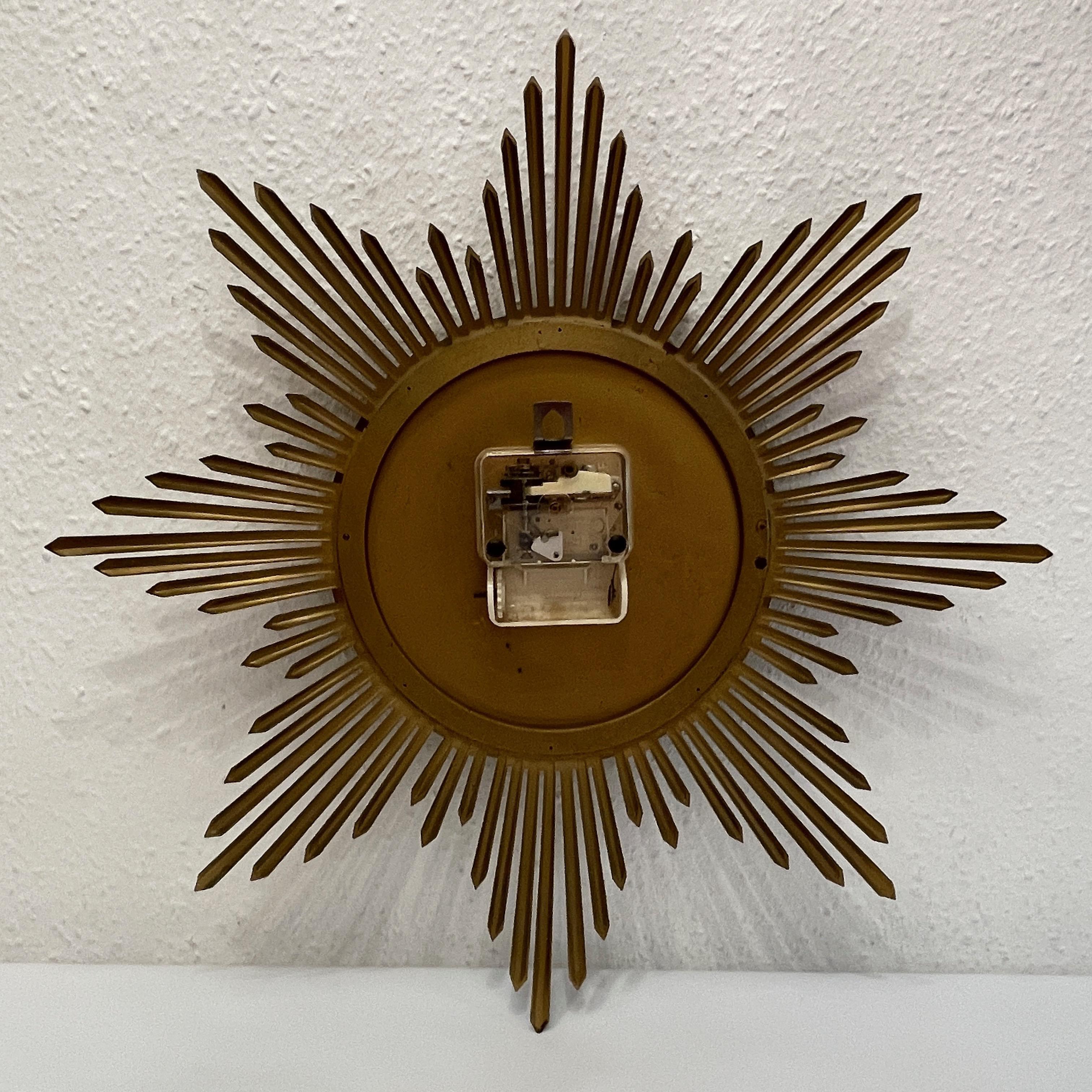 Vintage Mid-Century Junghans Sunburst Starburst Brass Wall Clock Ato-Mat 1