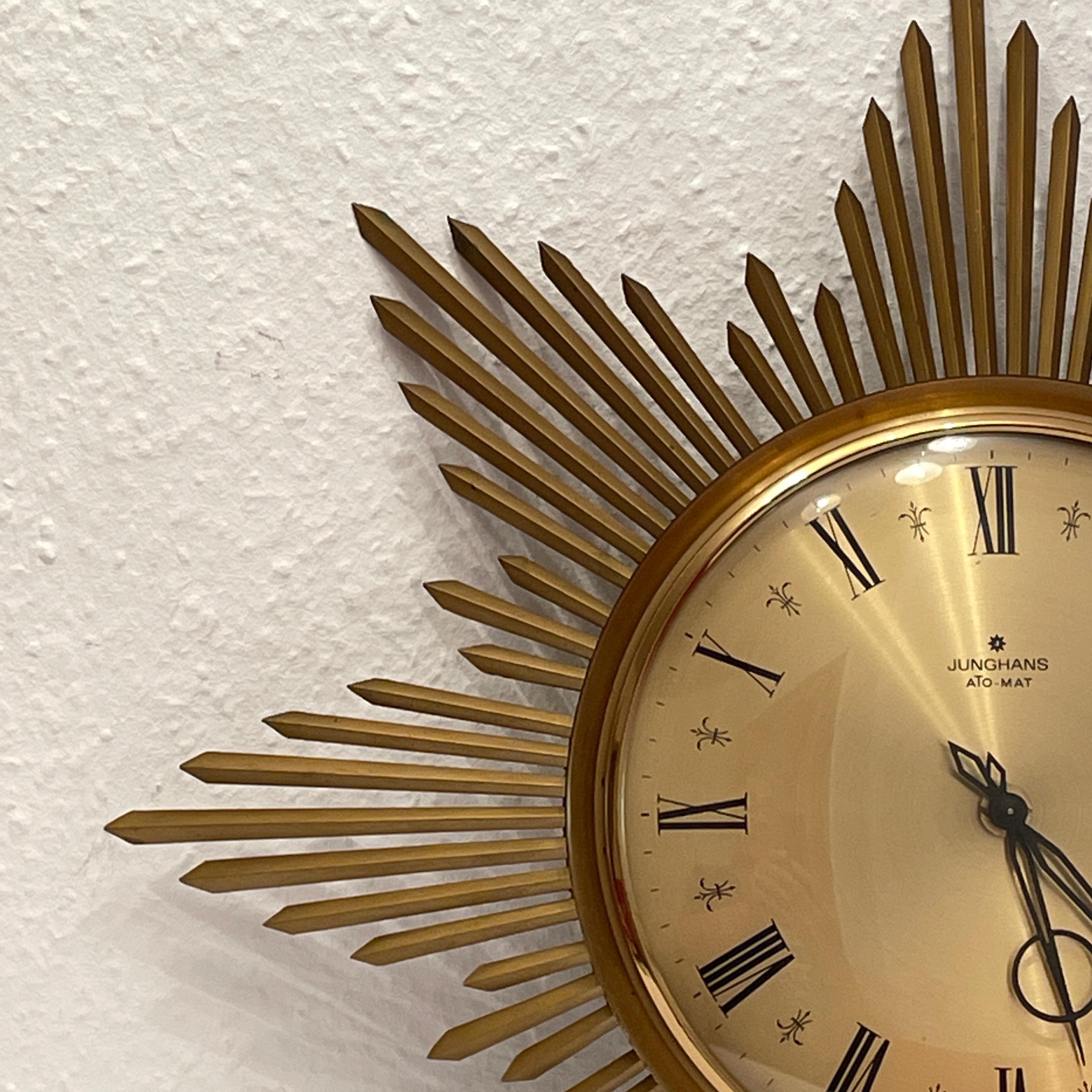 German Vintage Mid-Century Junghans Sunburst Starburst Brass Wall Clock Ato-Mat