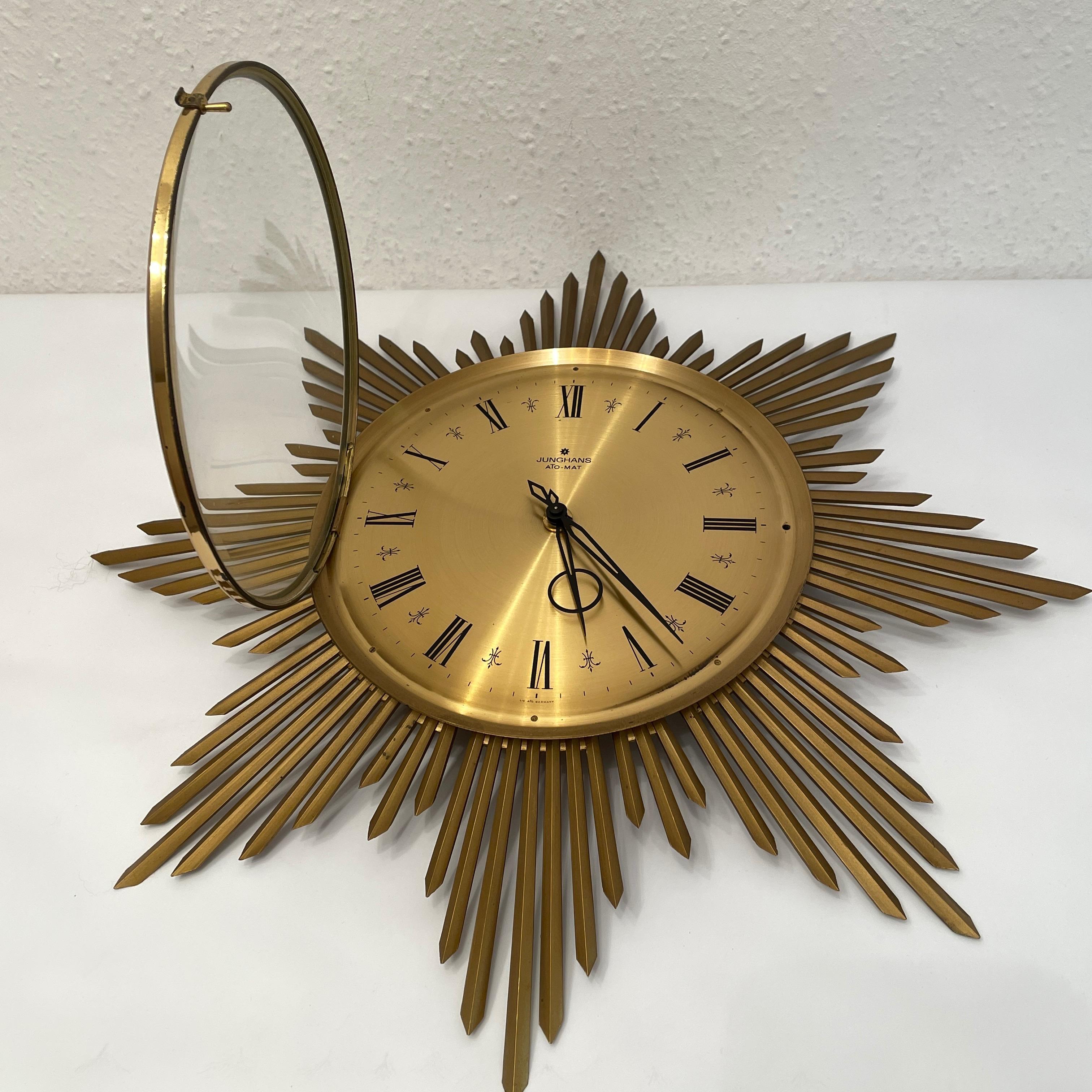 Mid-20th Century Vintage Mid-Century Junghans Sunburst Starburst Brass Wall Clock Ato-Mat