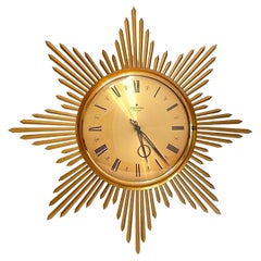 Vintage Mid-Century Junghans Sunburst Starburst Brass Wall Clock Ato-Mat