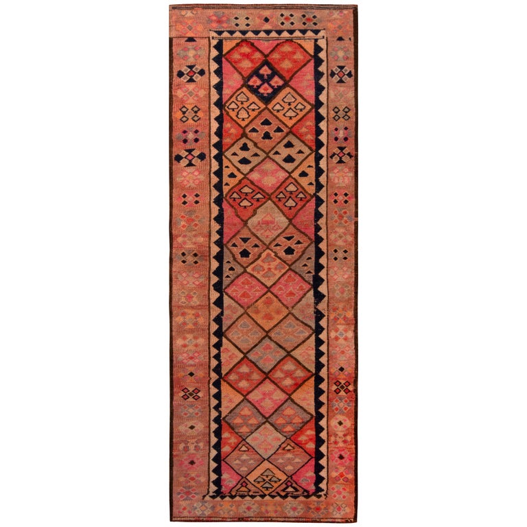 Vintage Midcentury Kilim Geometric Pink and Beige Wool Runner by Rug