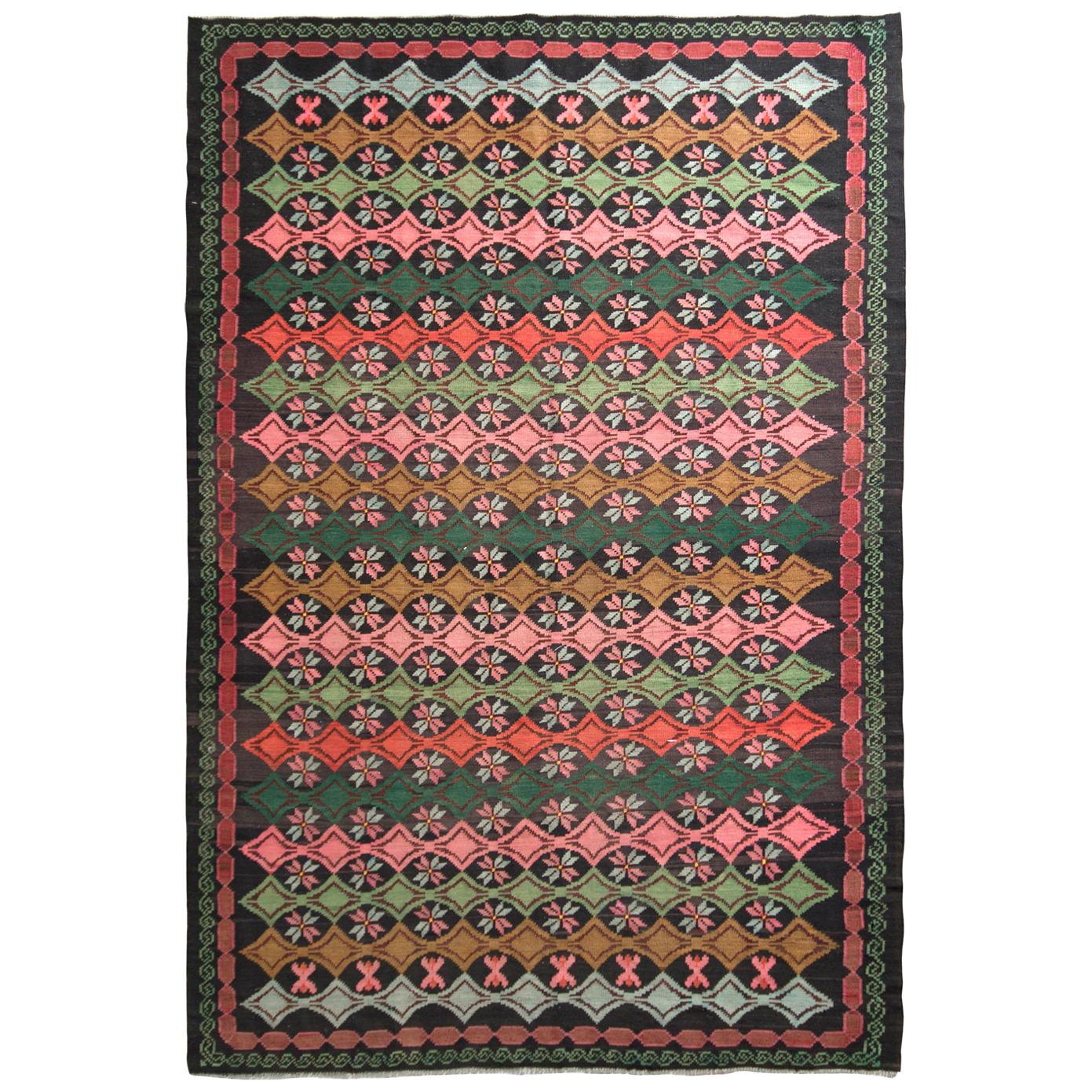 Rug & Kilim's Vintage Midcentury Kilim Rug Multi-Color Geometric Stripe Pattern For Sale