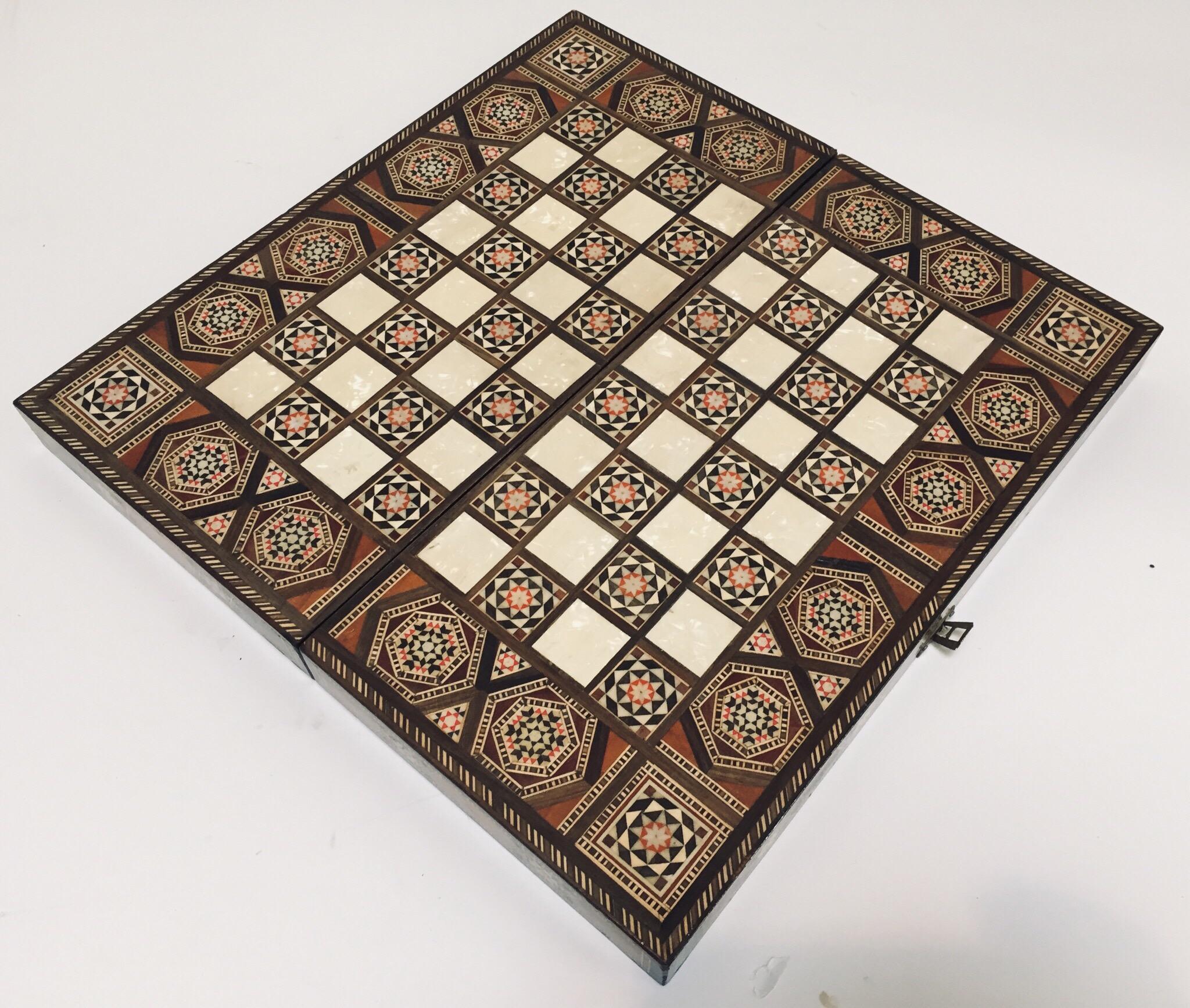 Vintage Midcentury Large Complete Syrian Inlaid Mosaic Backgammon and Chess Game 2