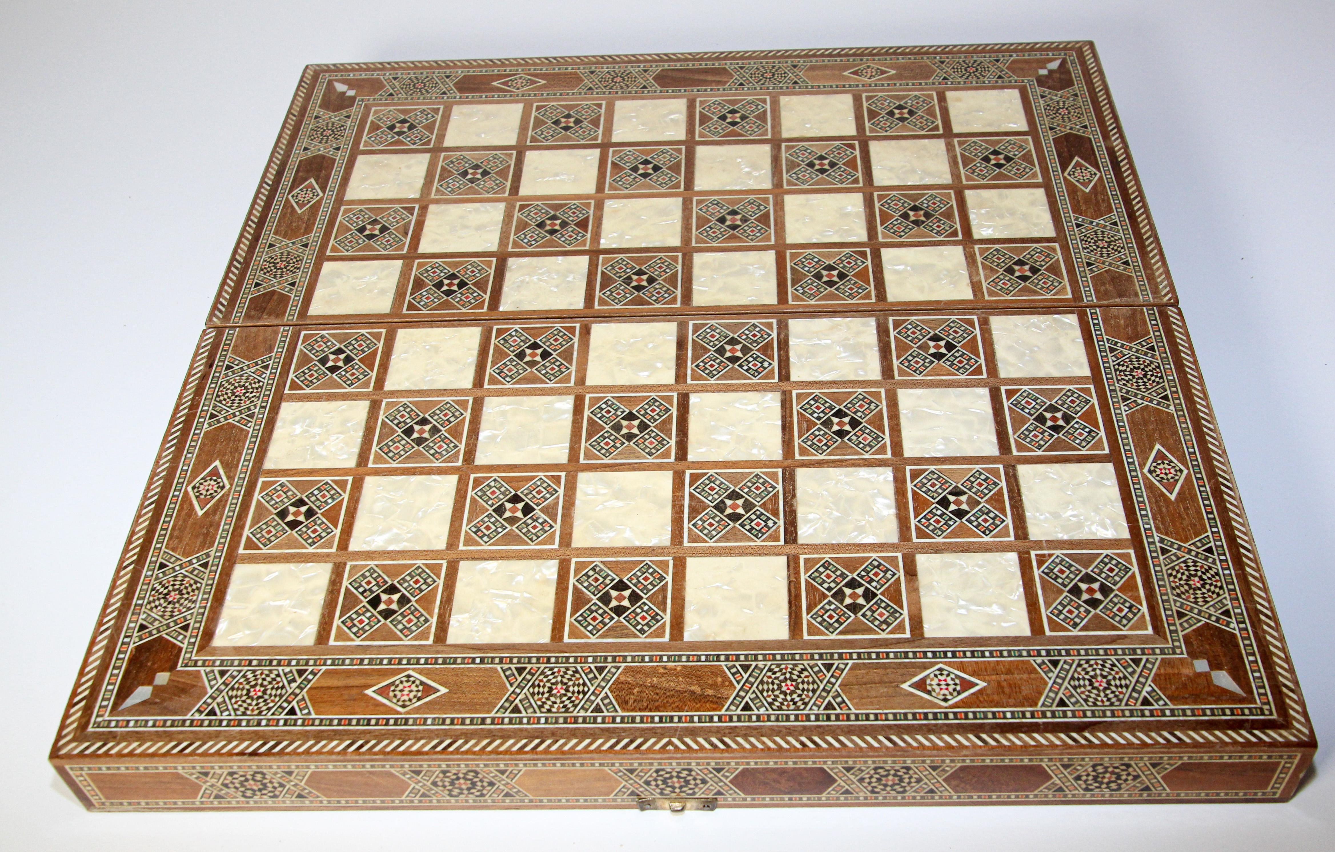 Vintage Midcentury Large Complete Syrian Inlaid Mosaic Backgammon and Chess Game 3