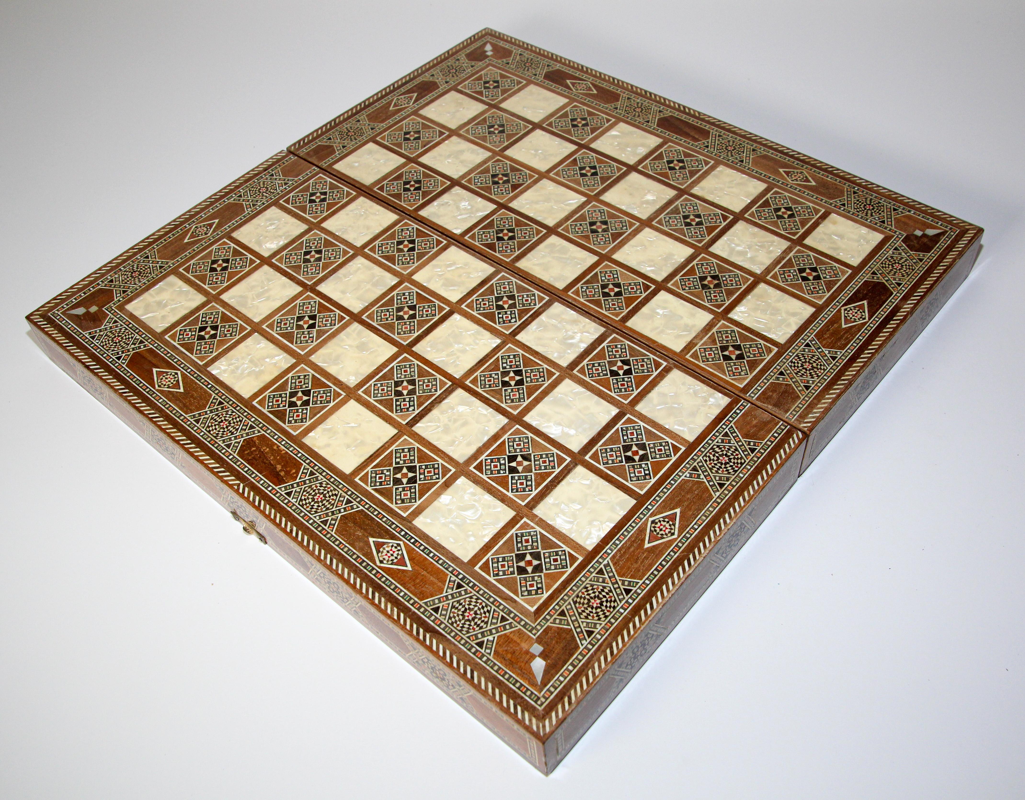 Vintage Midcentury Large Complete Syrian Inlaid Mosaic Backgammon and Chess Game 5