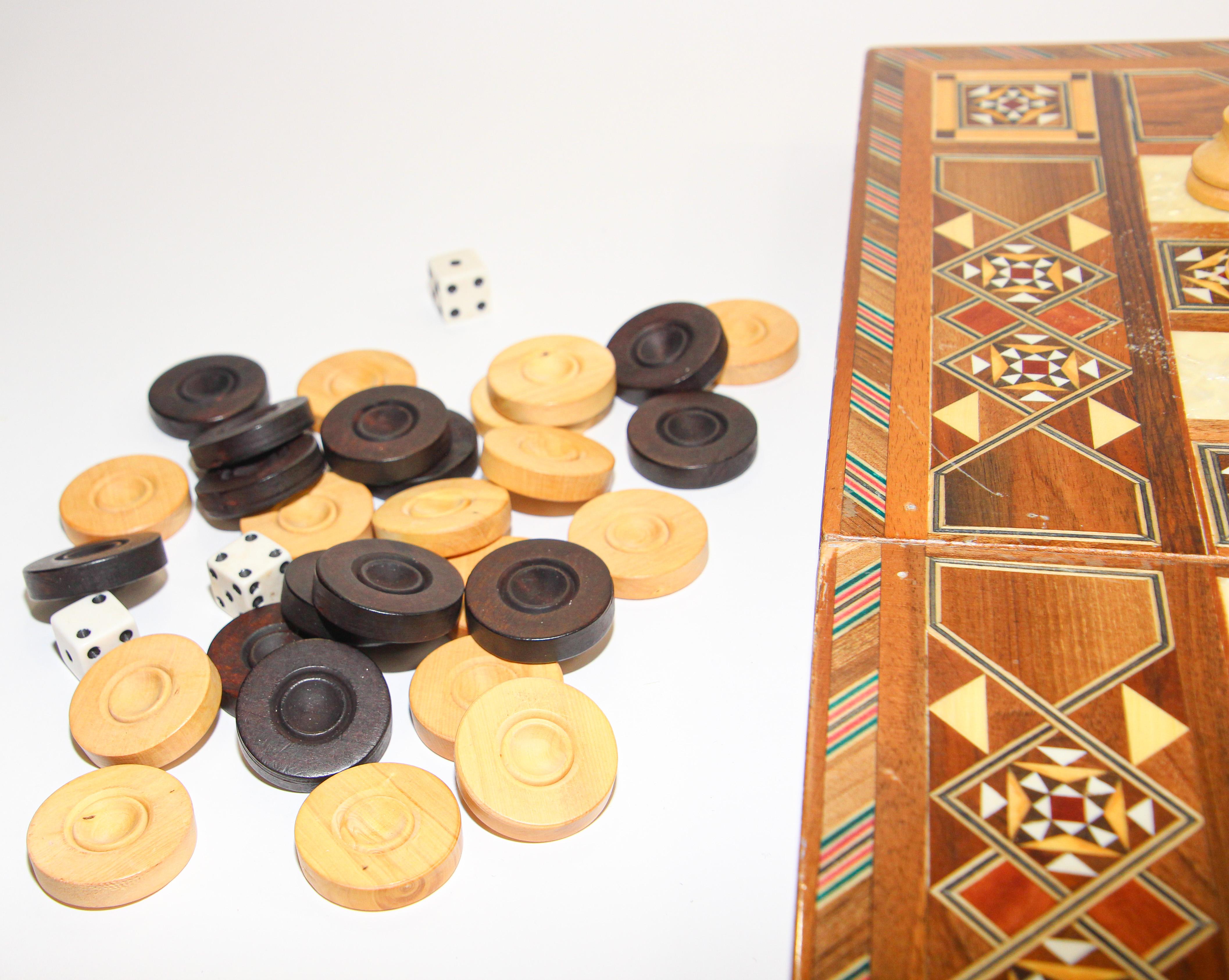Vintage Midcentury Large Complete Inlaid Mosaic Backgammon and Chess Game For Sale 8