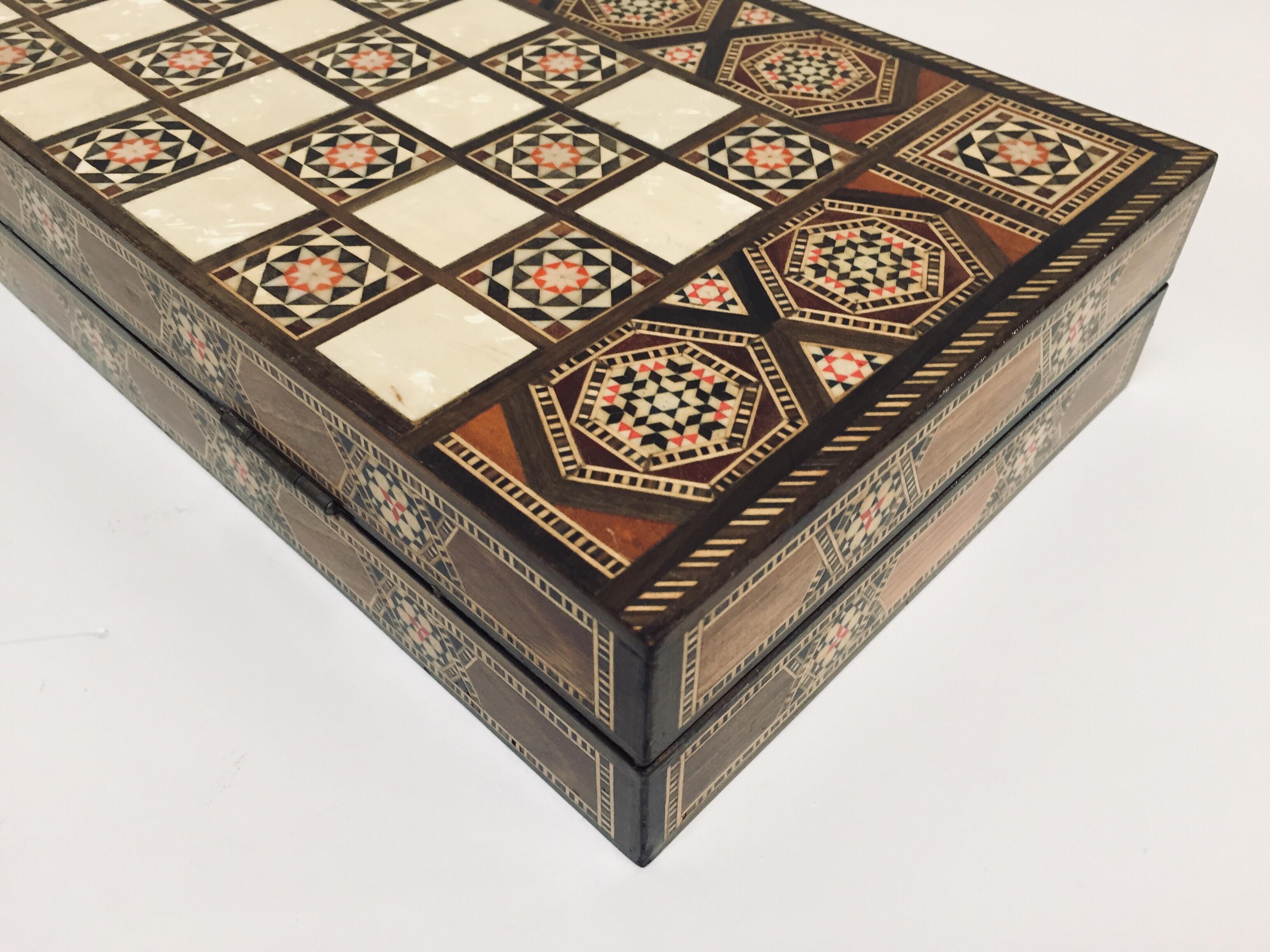Vintage Midcentury Large Complete Syrian Inlaid Mosaic Backgammon and Chess Game 7