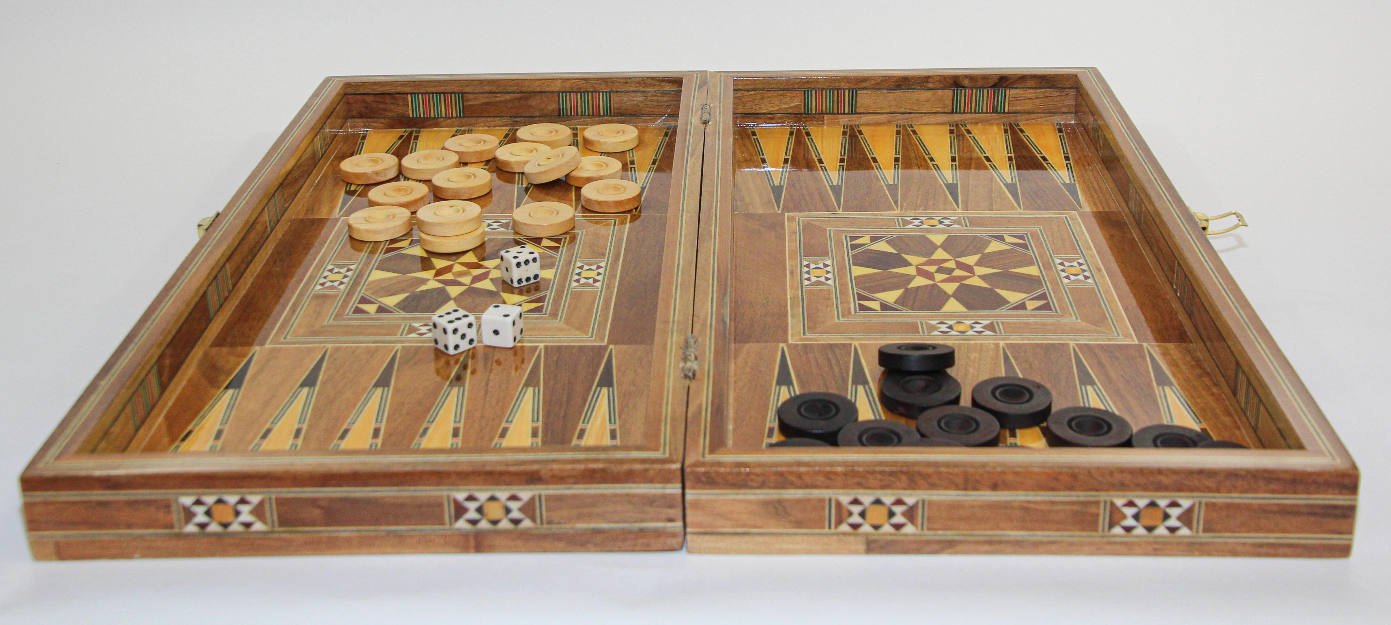 Vintage Midcentury Large Complete Inlaid Mosaic Backgammon and Chess Game 10