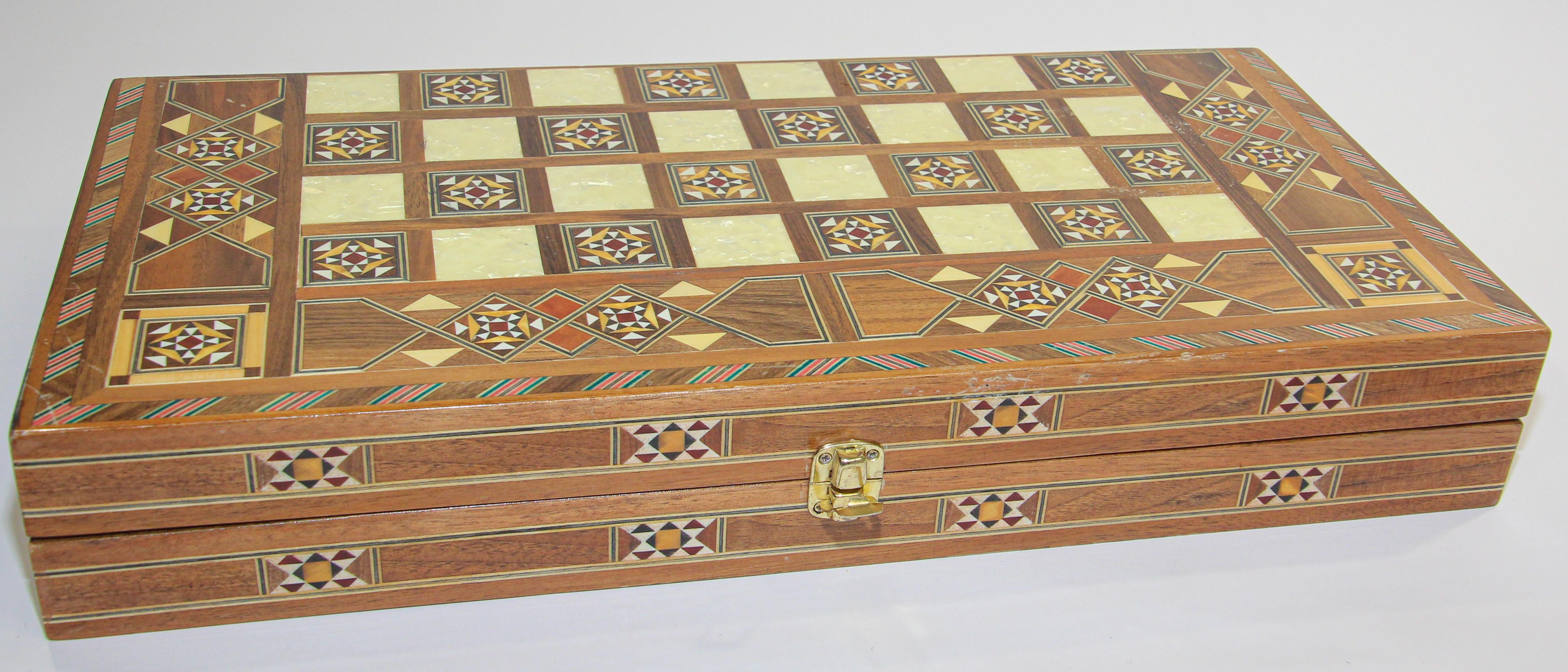 Moorish Vintage Midcentury Large Complete Inlaid Mosaic Backgammon and Chess Game For Sale