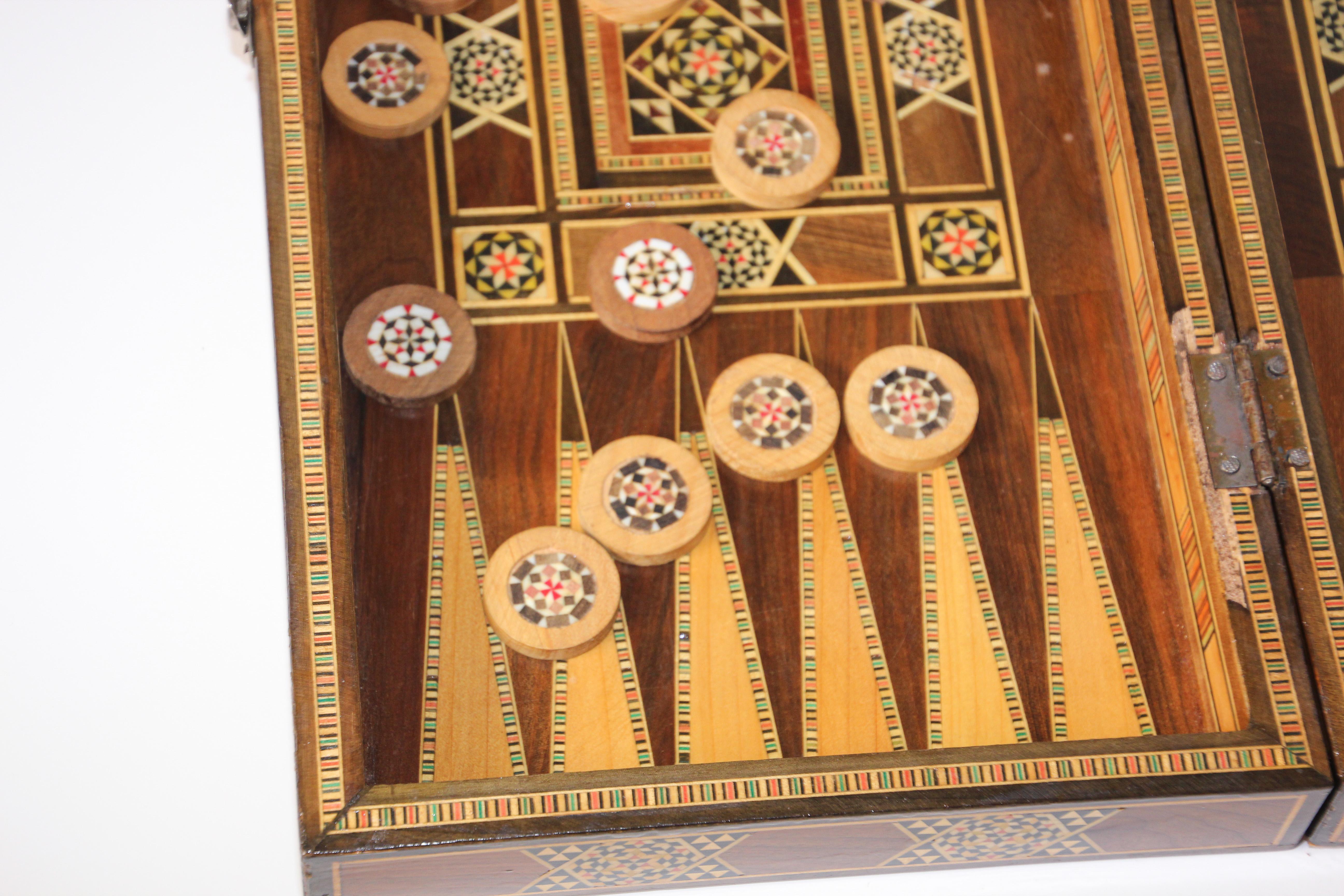 Marquetry Vintage Midcentury Large Complete Syrian Inlaid Mosaic Backgammon and Chess Game