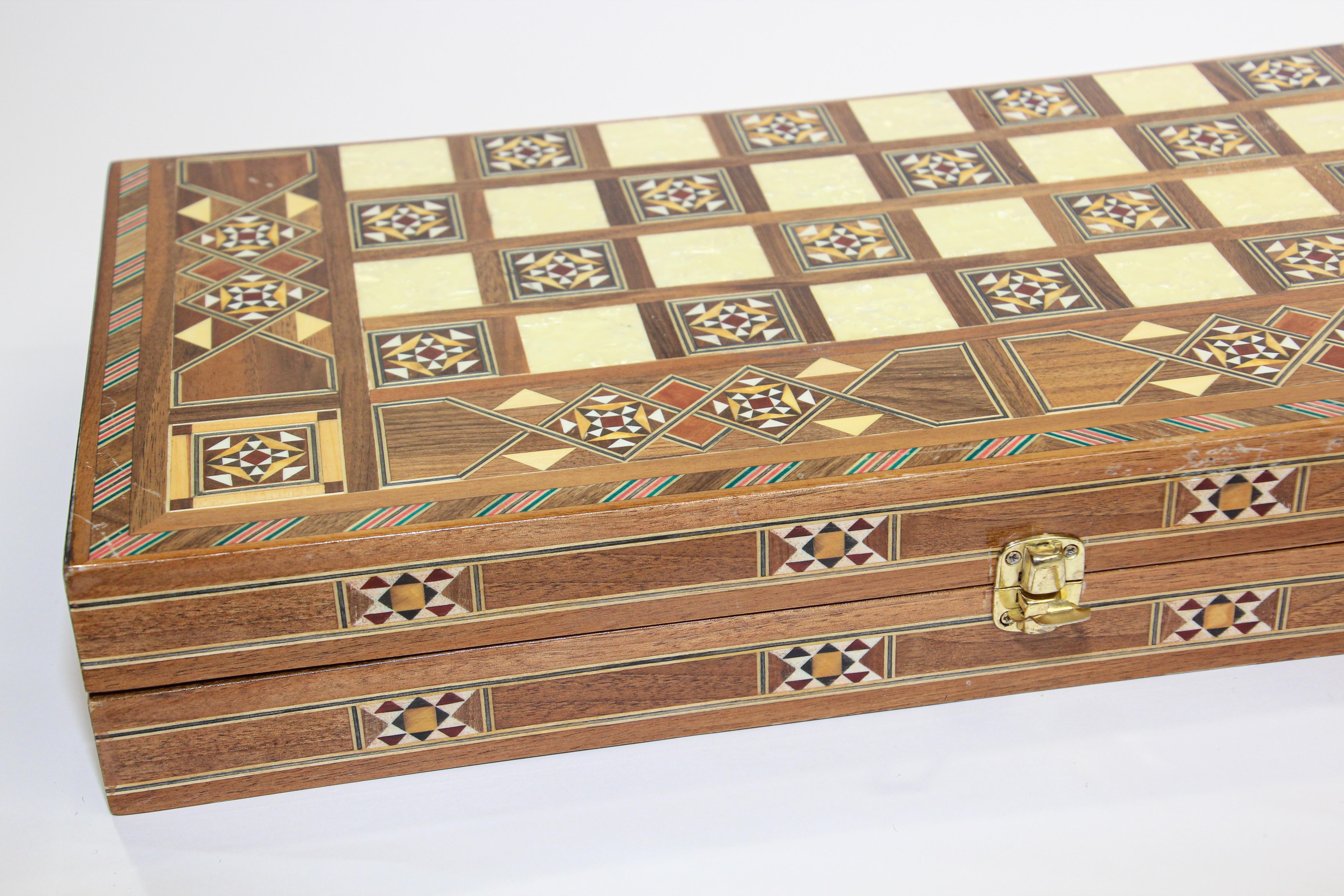 Lebanese Vintage Midcentury Large Complete Inlaid Mosaic Backgammon and Chess Game For Sale