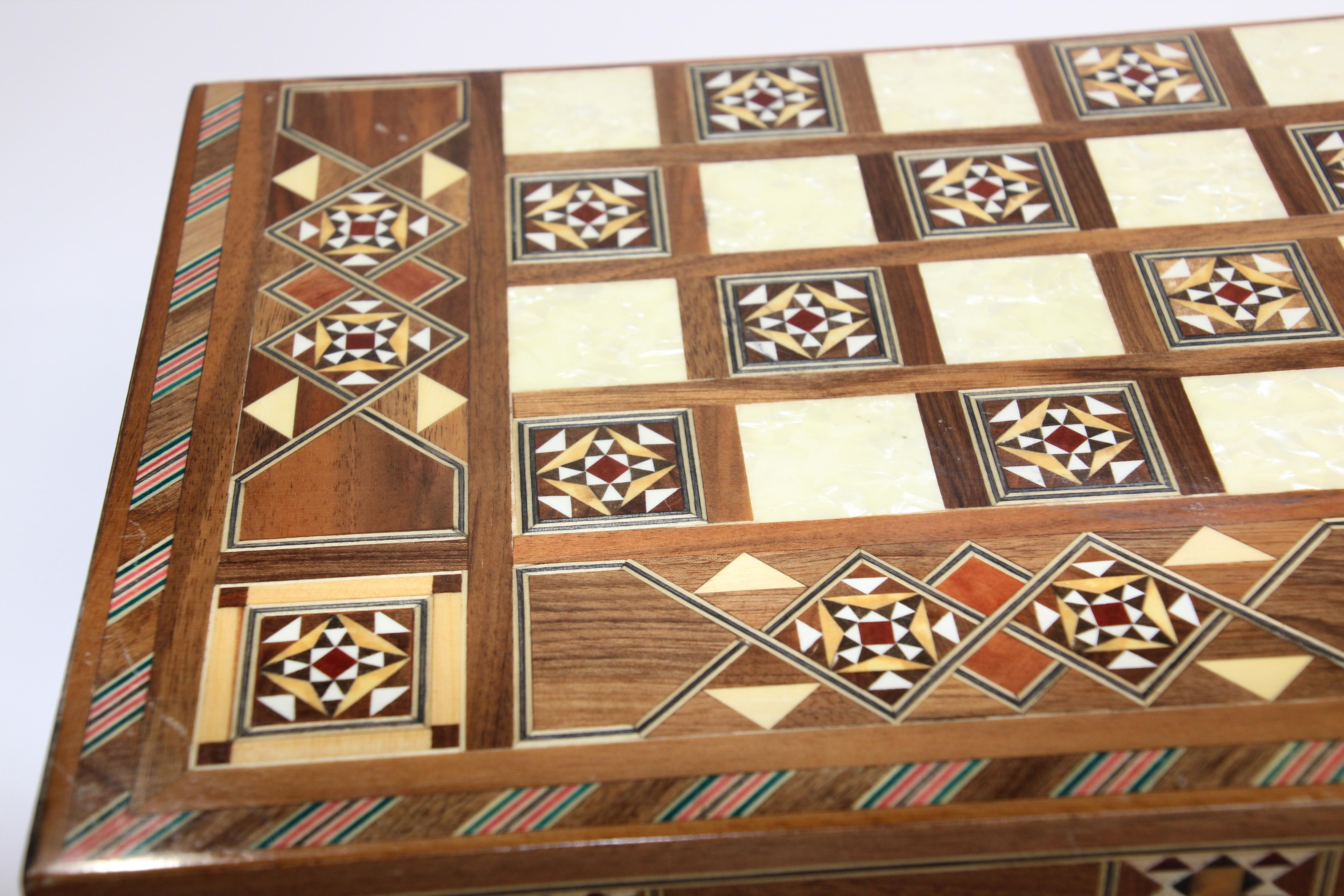 Marquetry Vintage Midcentury Large Complete Inlaid Mosaic Backgammon and Chess Game For Sale