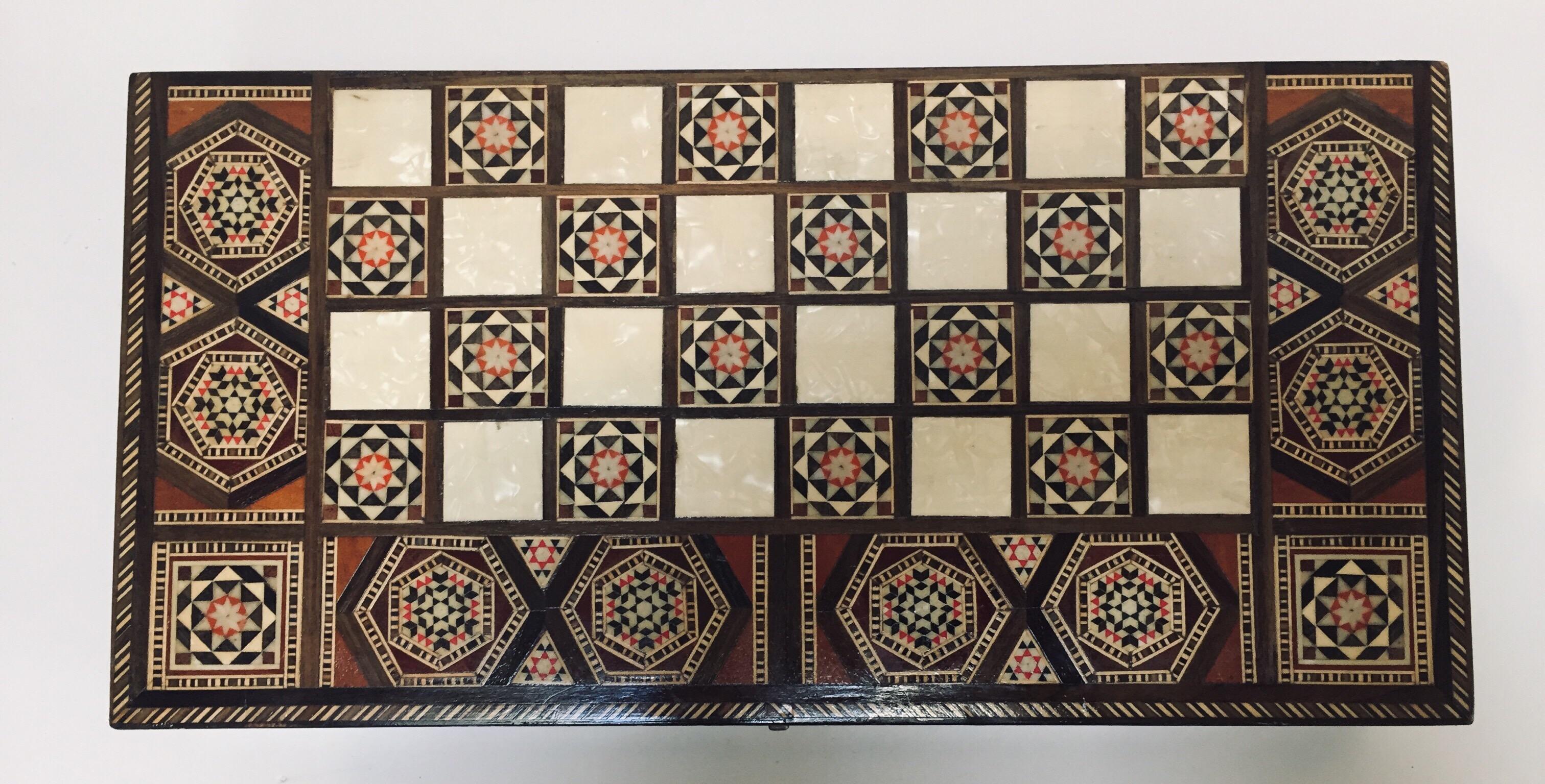 Moorish Vintage Midcentury Large Complete Syrian Inlaid Mosaic Backgammon and Chess Game