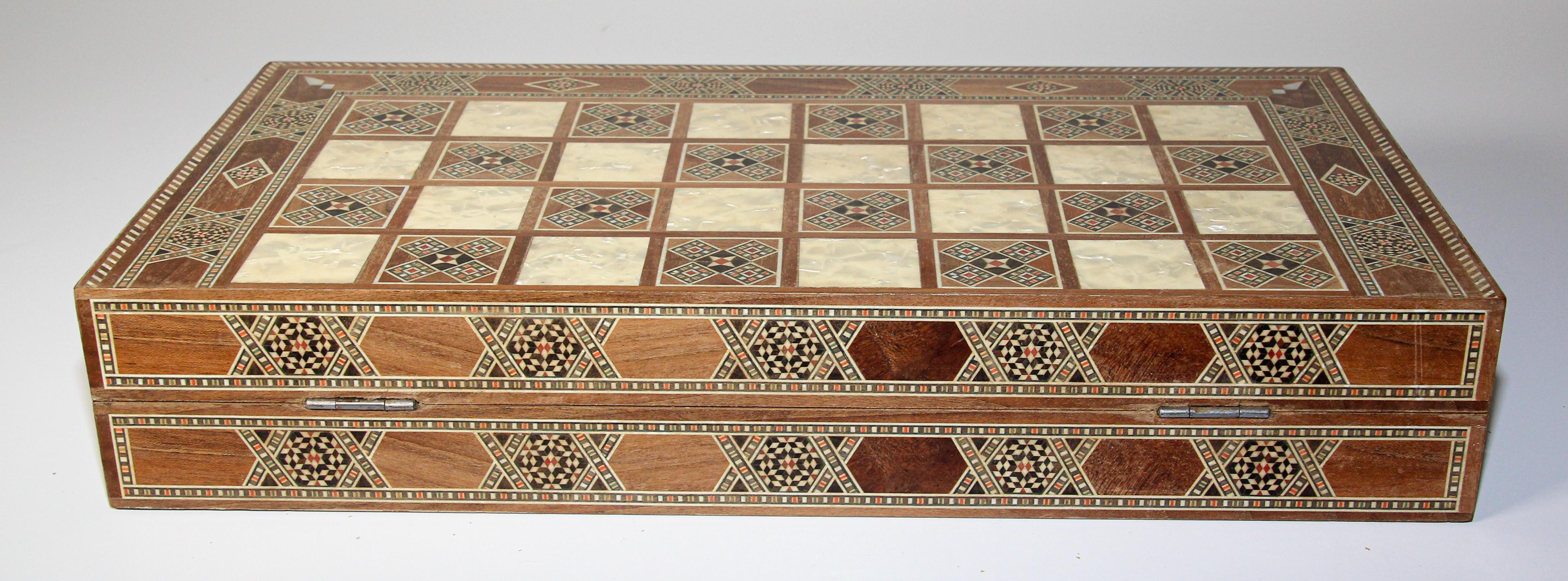 Moorish Vintage Midcentury Large Complete Syrian Inlaid Mosaic Backgammon and Chess Game