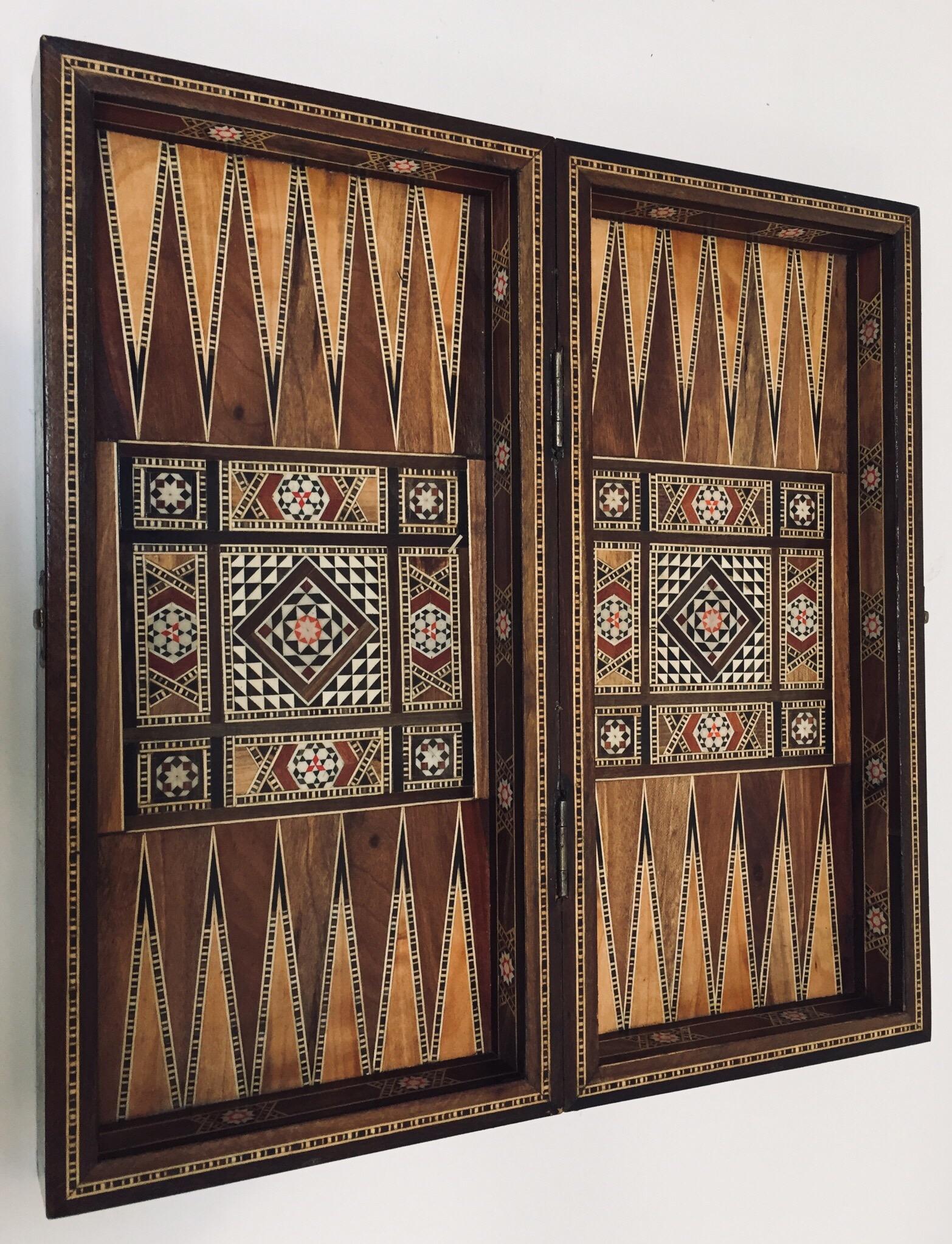 Marquetry Vintage Midcentury Large Complete Syrian Inlaid Mosaic Backgammon and Chess Game