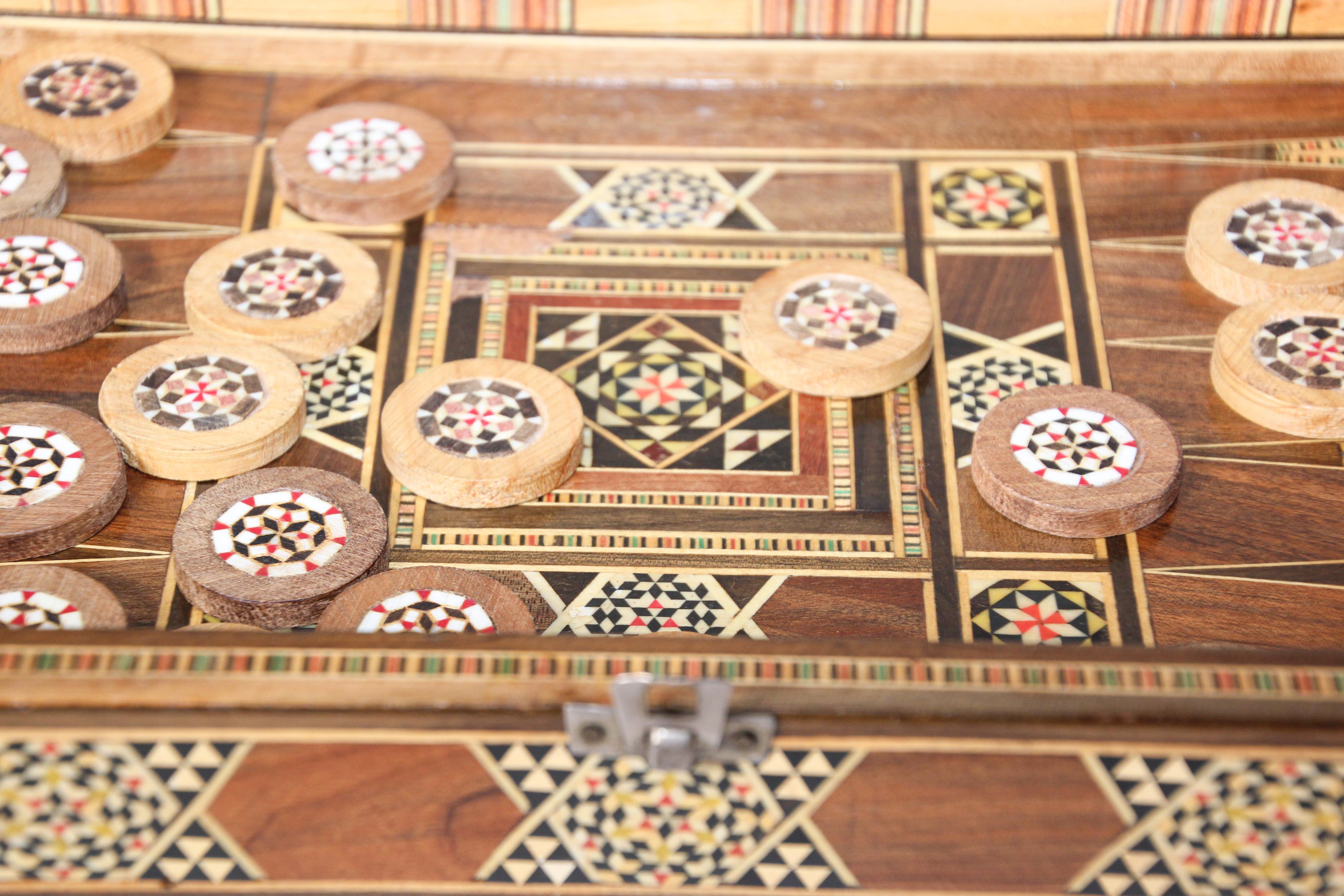 Wood Vintage Midcentury Large Complete Syrian Inlaid Mosaic Backgammon and Chess Game