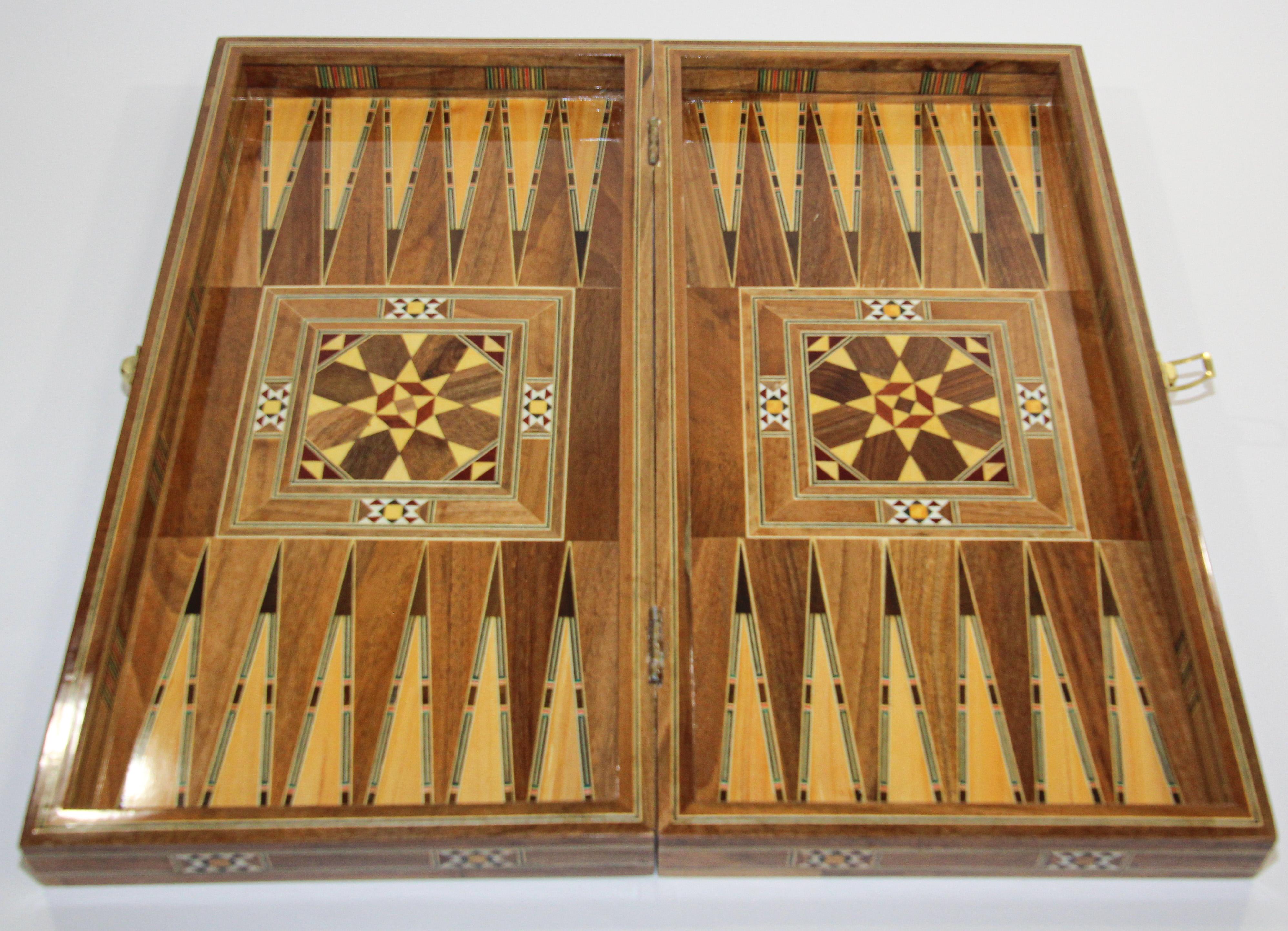 Wood Vintage Midcentury Large Complete Inlaid Mosaic Backgammon and Chess Game For Sale