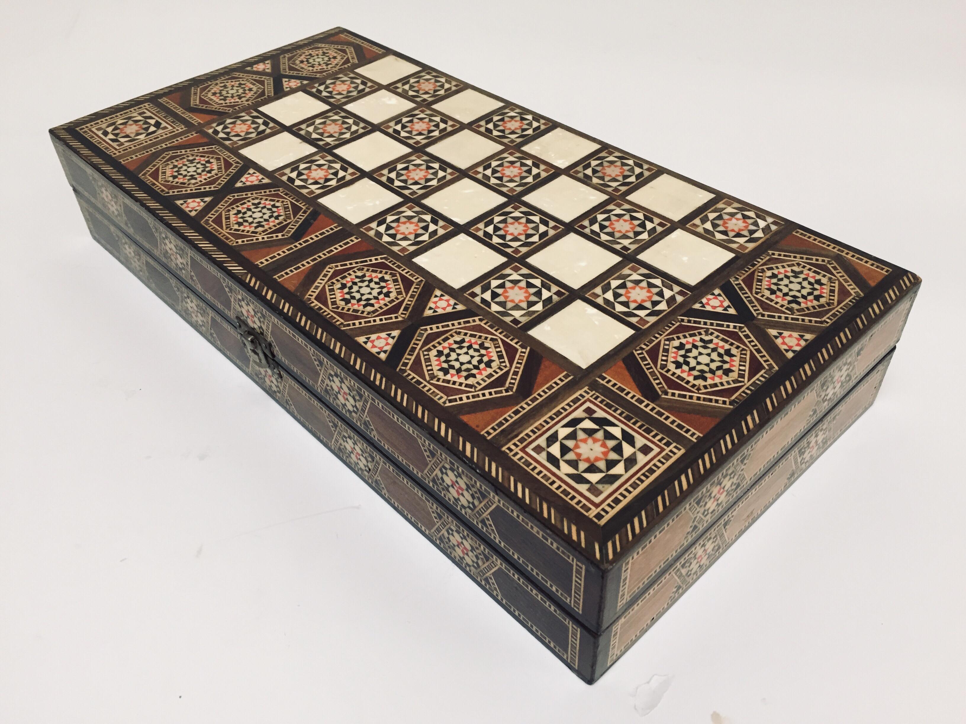 20th Century Vintage Midcentury Large Complete Syrian Inlaid Mosaic Backgammon and Chess Game