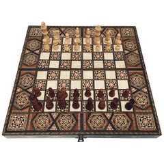 Vintage Midcentury Grand jeu de backgammon et échecs complet en mosaïque incrustée syrienne